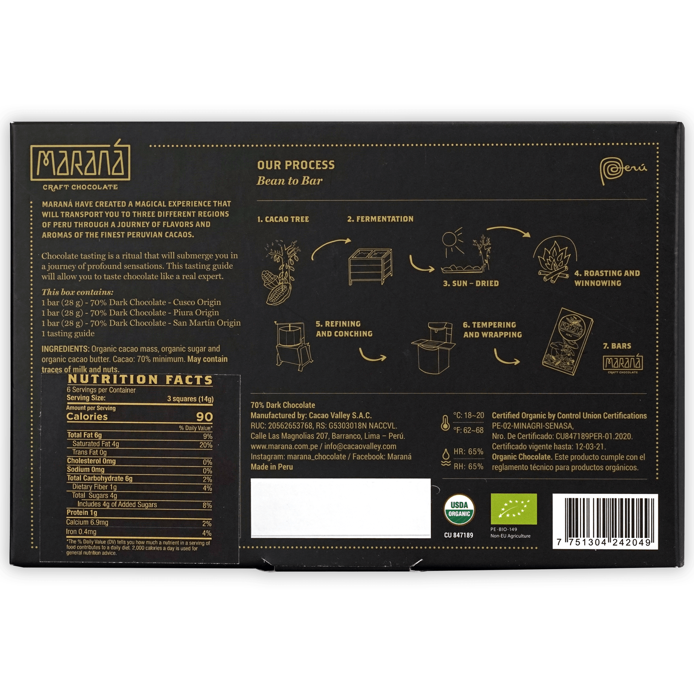 Marana Mini Tasting Box 70% black chocolate with gold foil bean-to-bar details