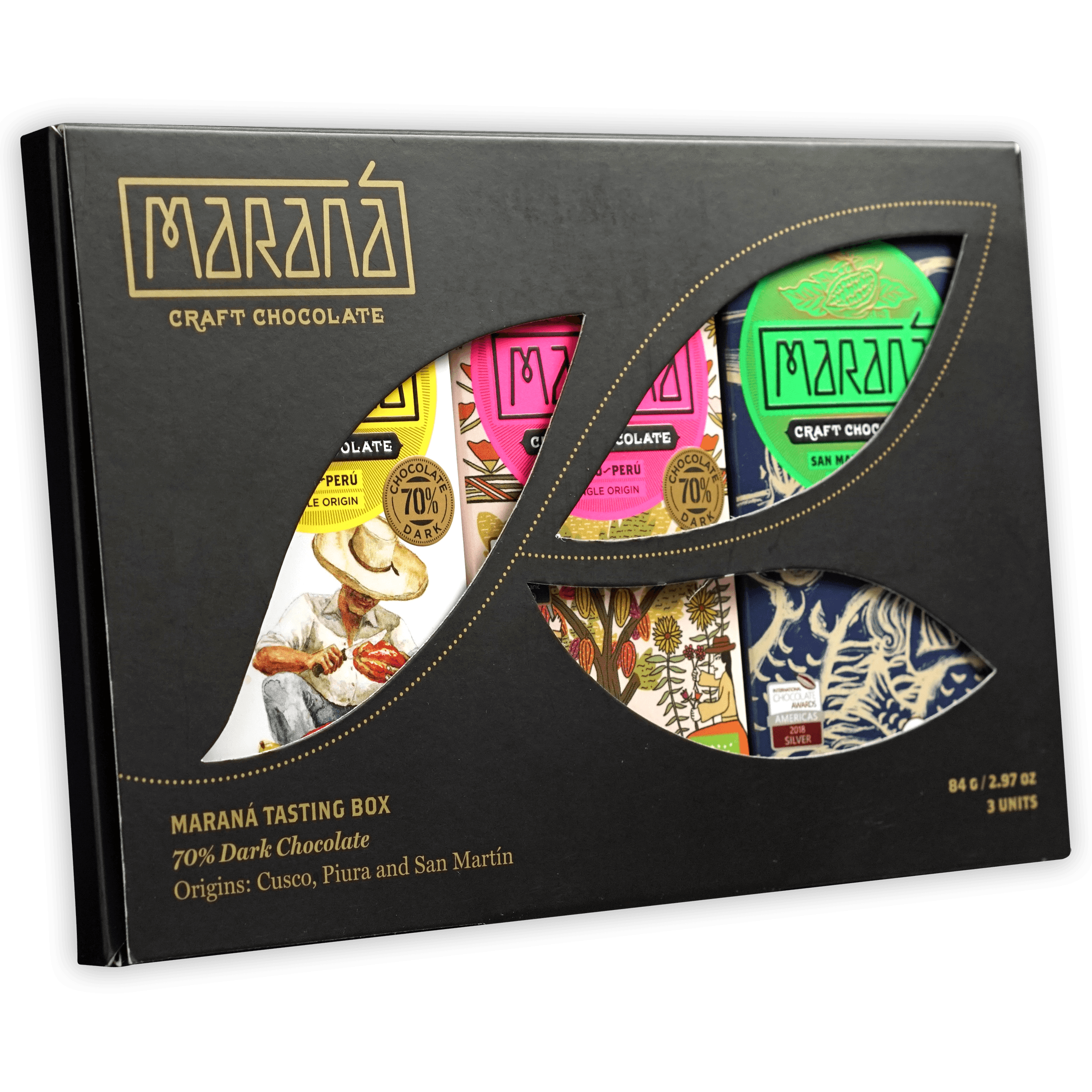 Marana Mini Tasting Box 70%: black craft chocolate with 3 colorful 70% bars