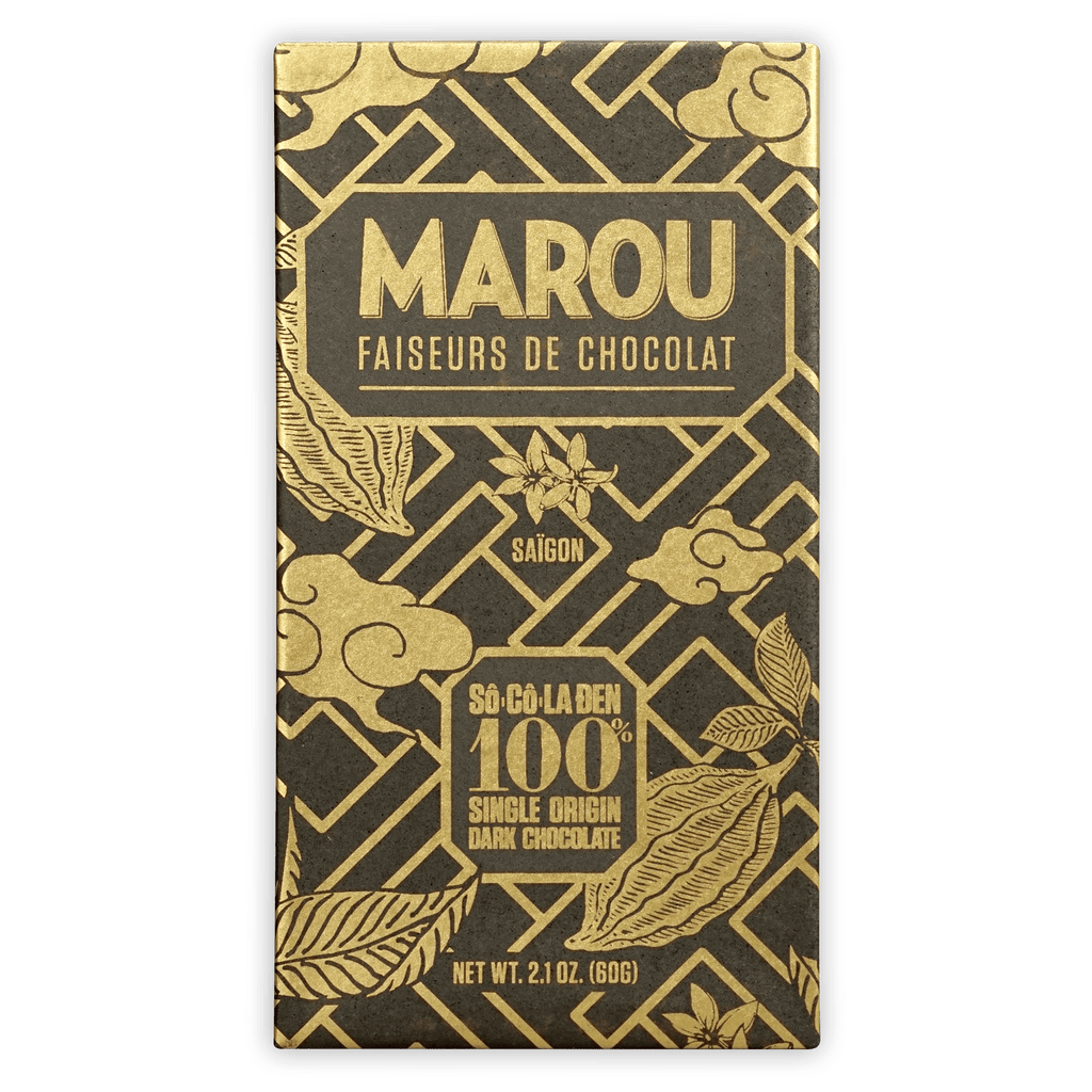 Marou 100% dark chocolate bar in sleek black and gold wrapper