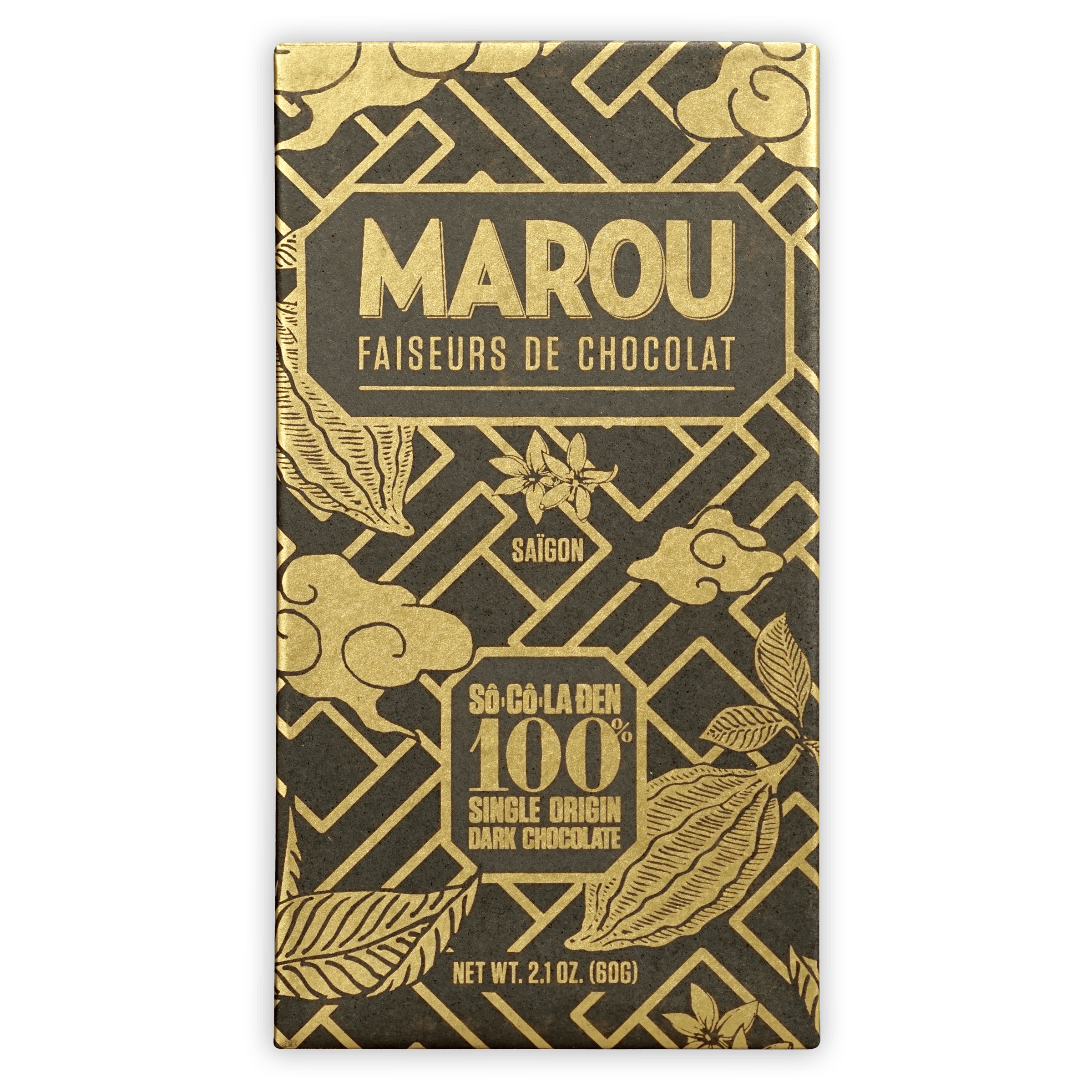 Marou 100% dark chocolate bar in sleek black and gold wrapper