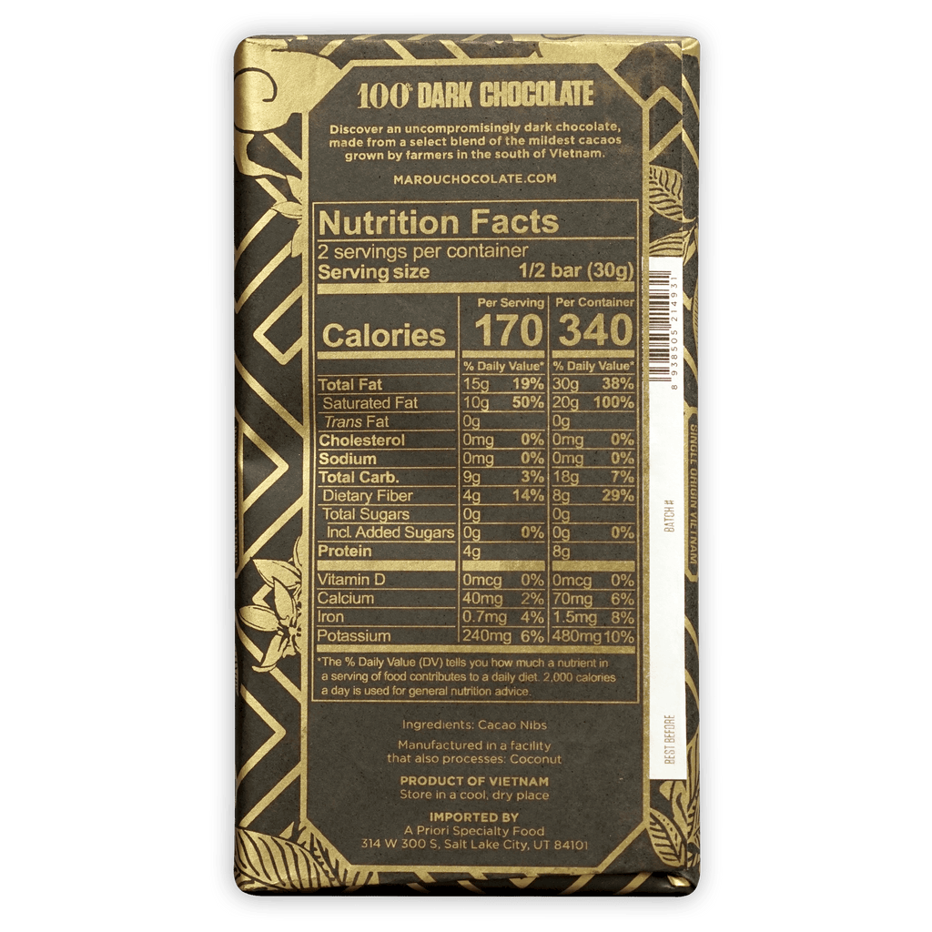Marou 100% dark chocolate bar in gold black foil with leaf patterns