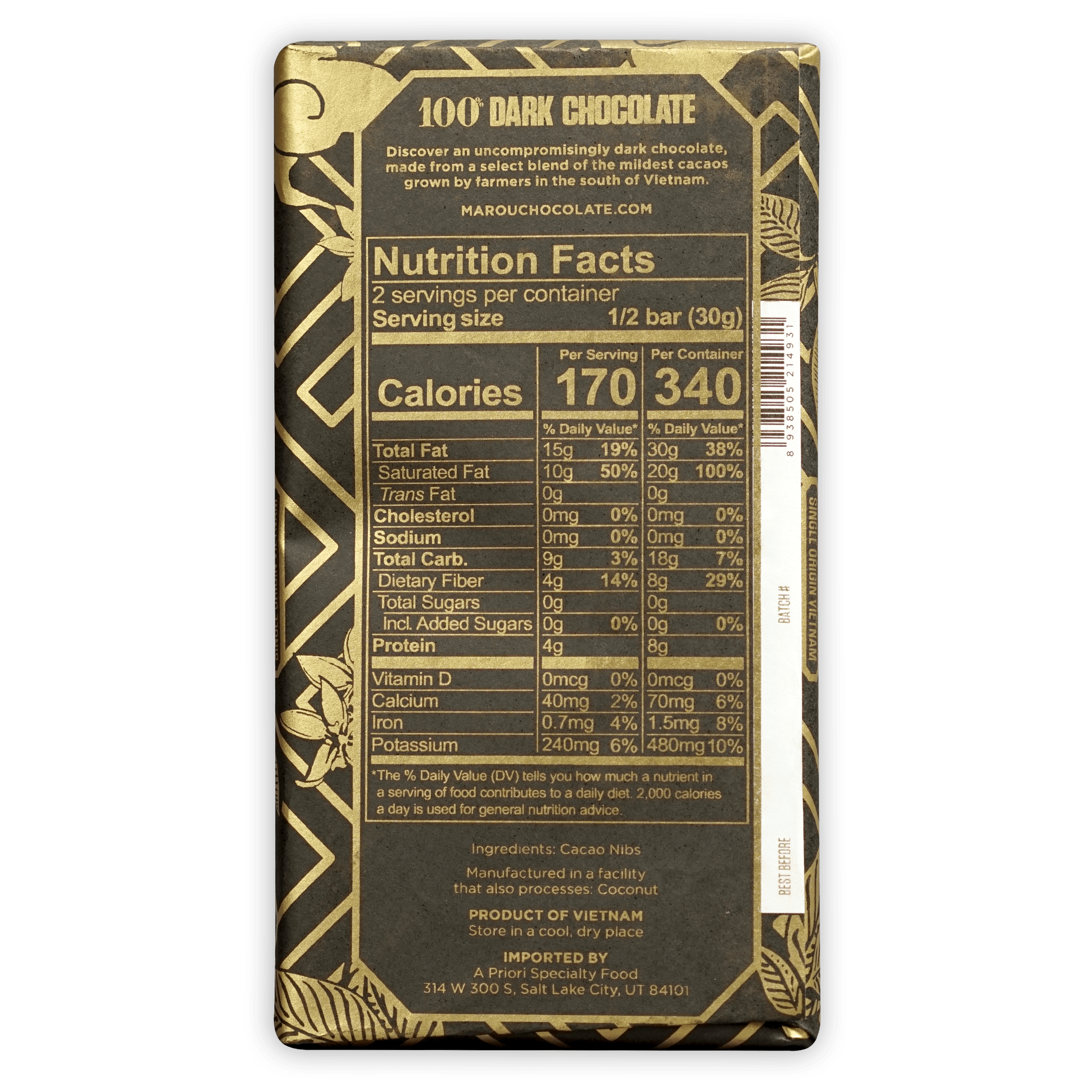 Marou 100% dark chocolate bar in gold black foil with leaf patterns