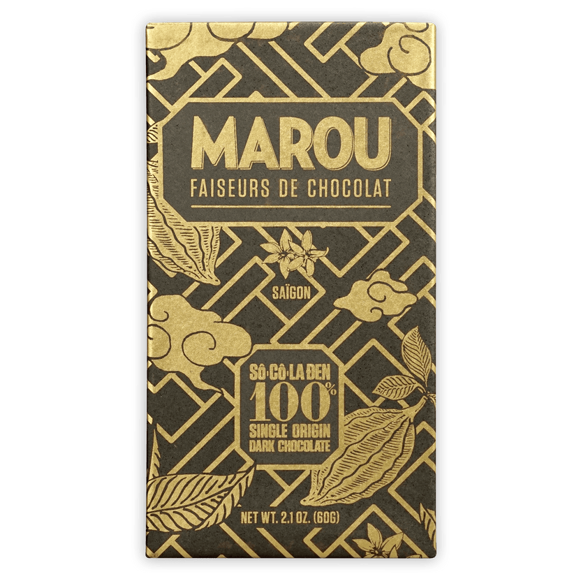 Marou 100% dark chocolate bar in sleek black and gold wrapper