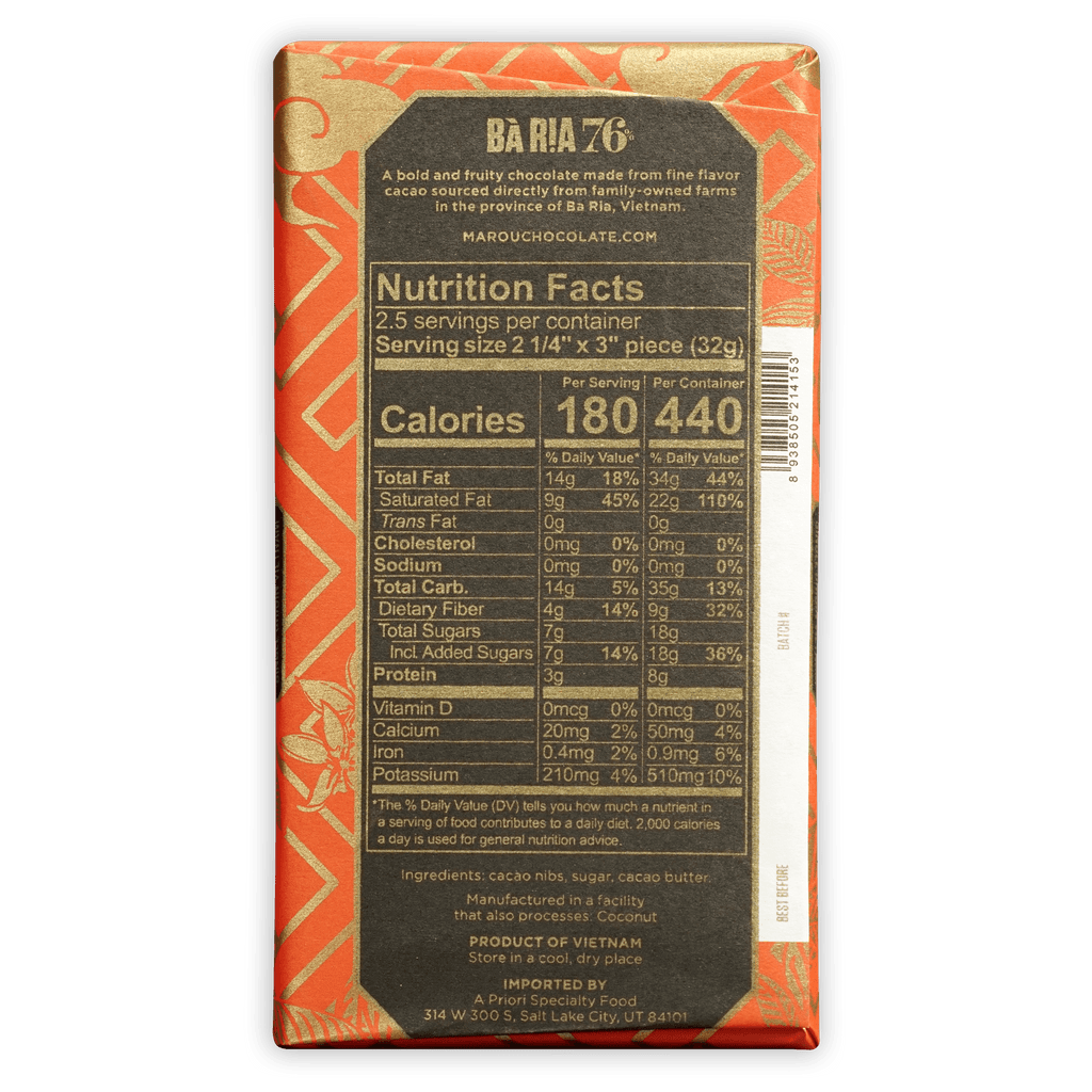 Marou Ba Ria 76% chocolate bar back with orange-gold wrapper and nutrition label