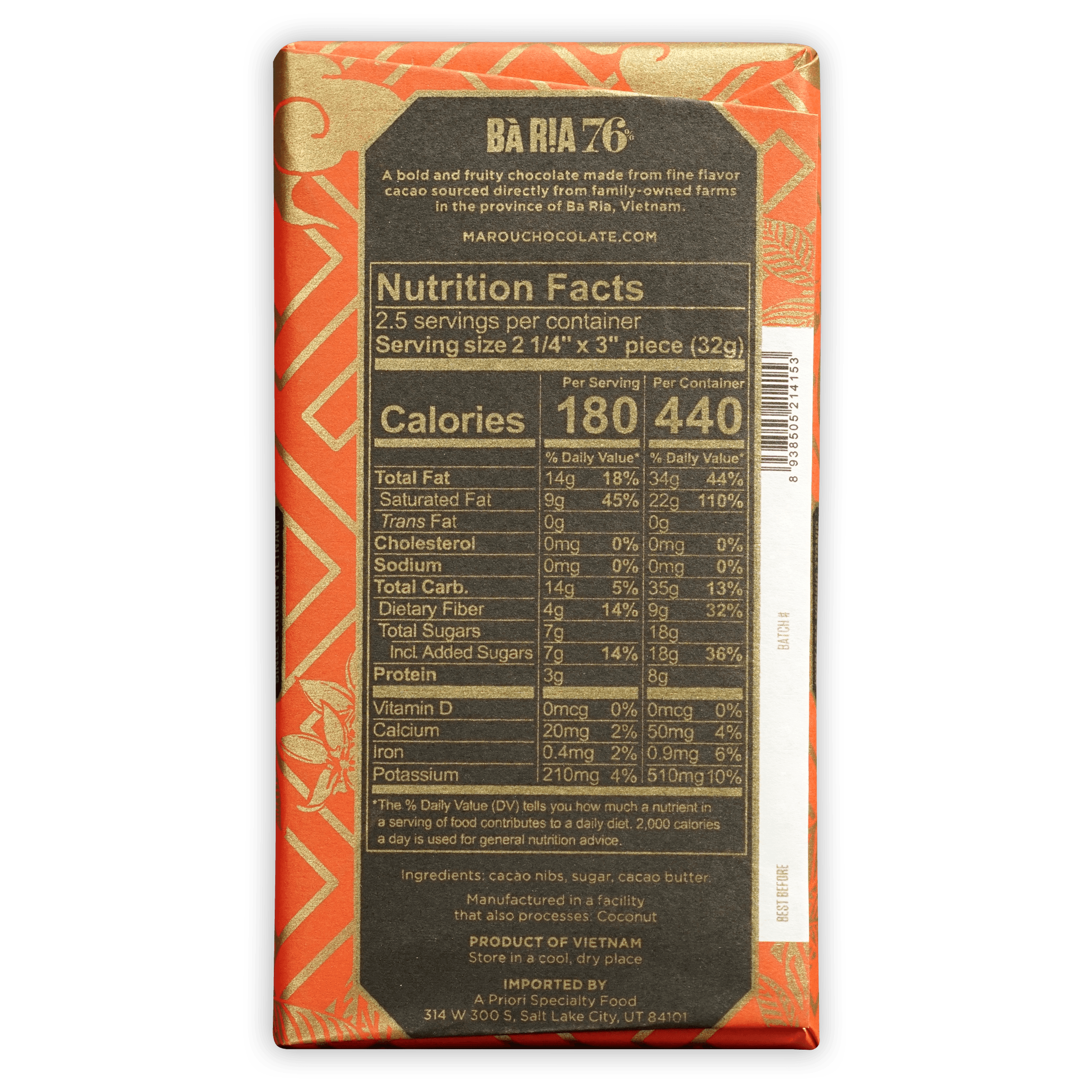 Marou Ba Ria 76% chocolate bar back with orange-gold wrapper and nutrition label