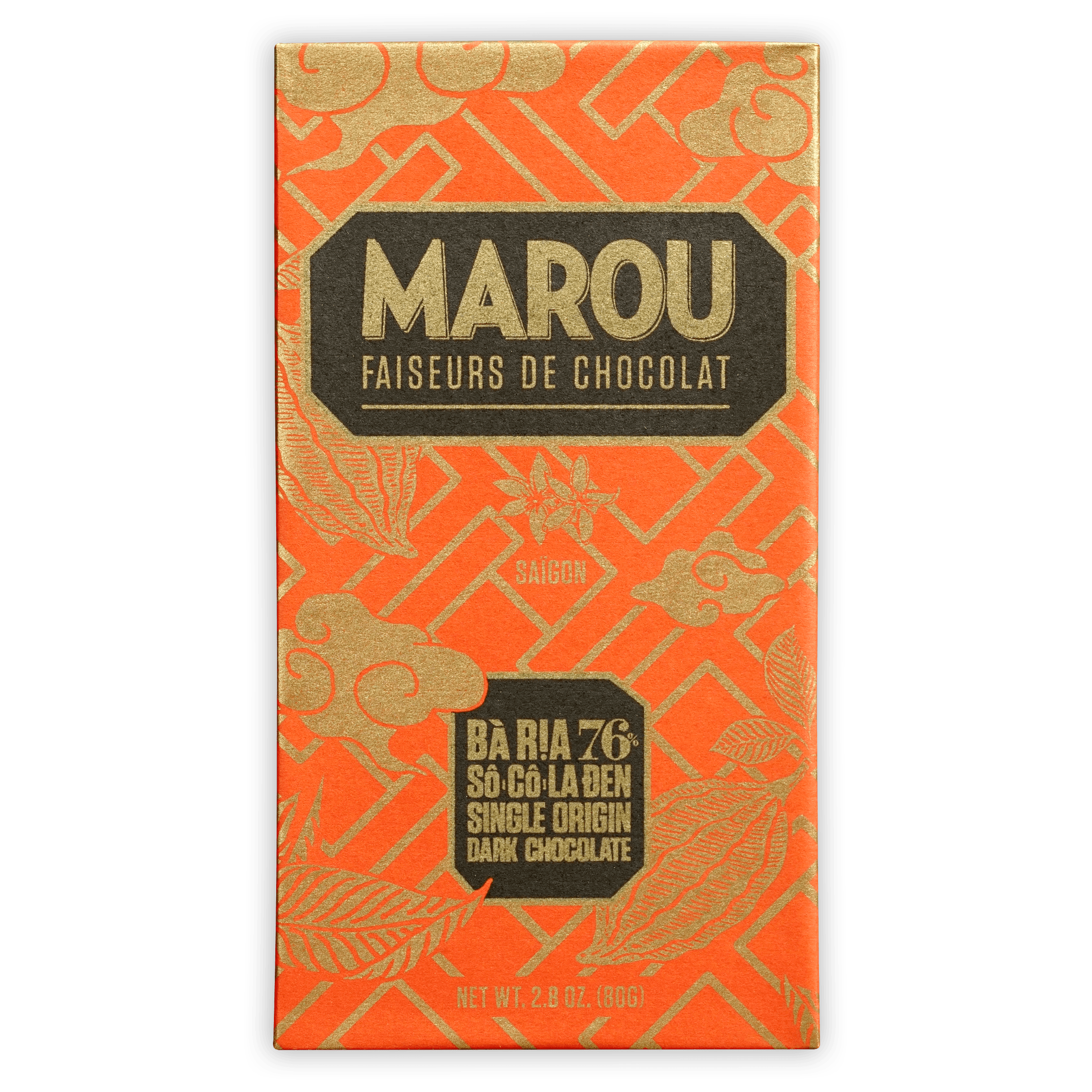 Marou Ba Ria 76% orange gold foil bar with geometric leaf patterns