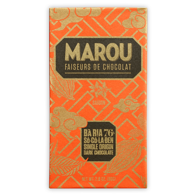 Marou Ba Ria 76% orange gold foil bar with geometric leaf patterns
