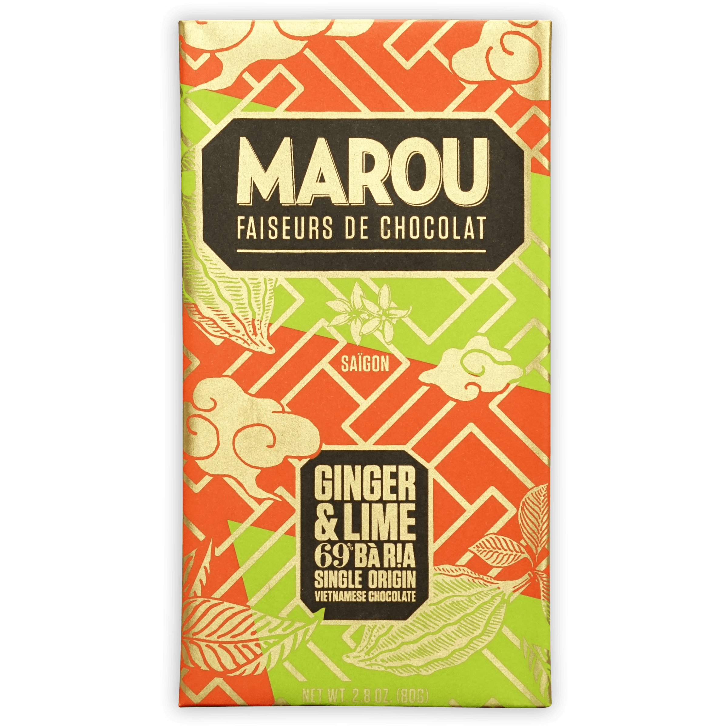 Marou Ba Ria Ginger Lime 69% chocolate bar with vibrant packaging