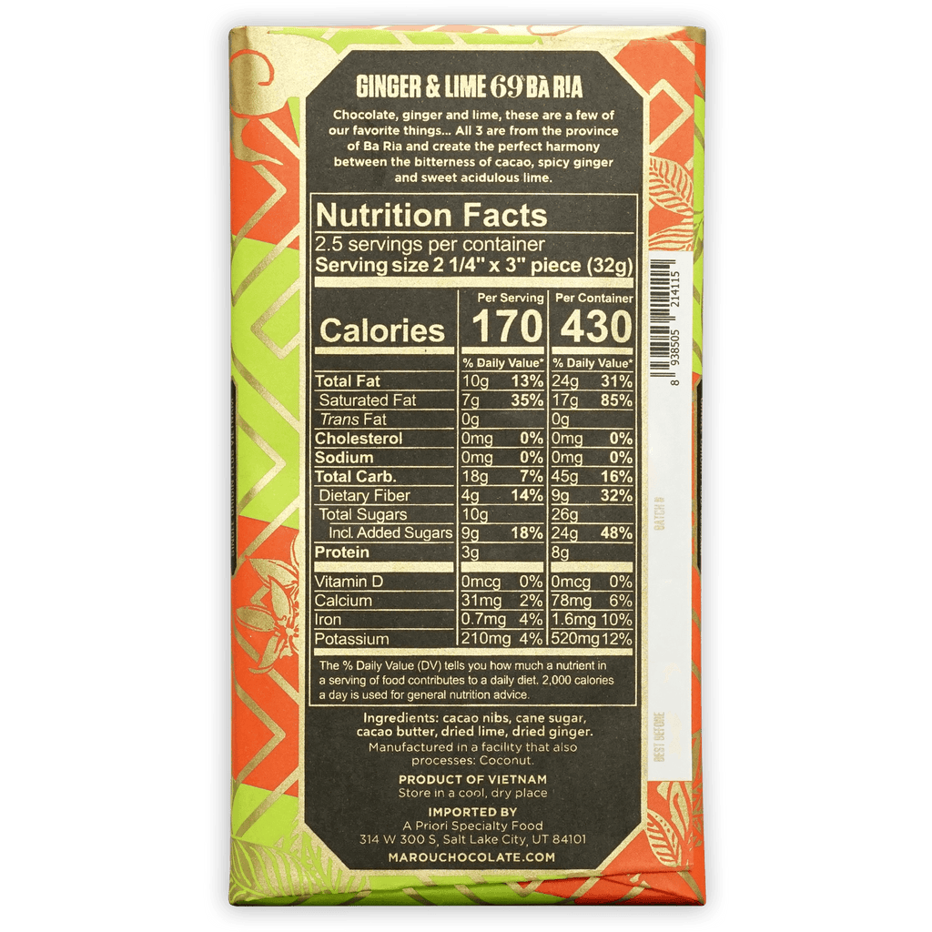 Marou Ba Ria Ginger Lime 69% chocolate bar in vibrant foil wrap