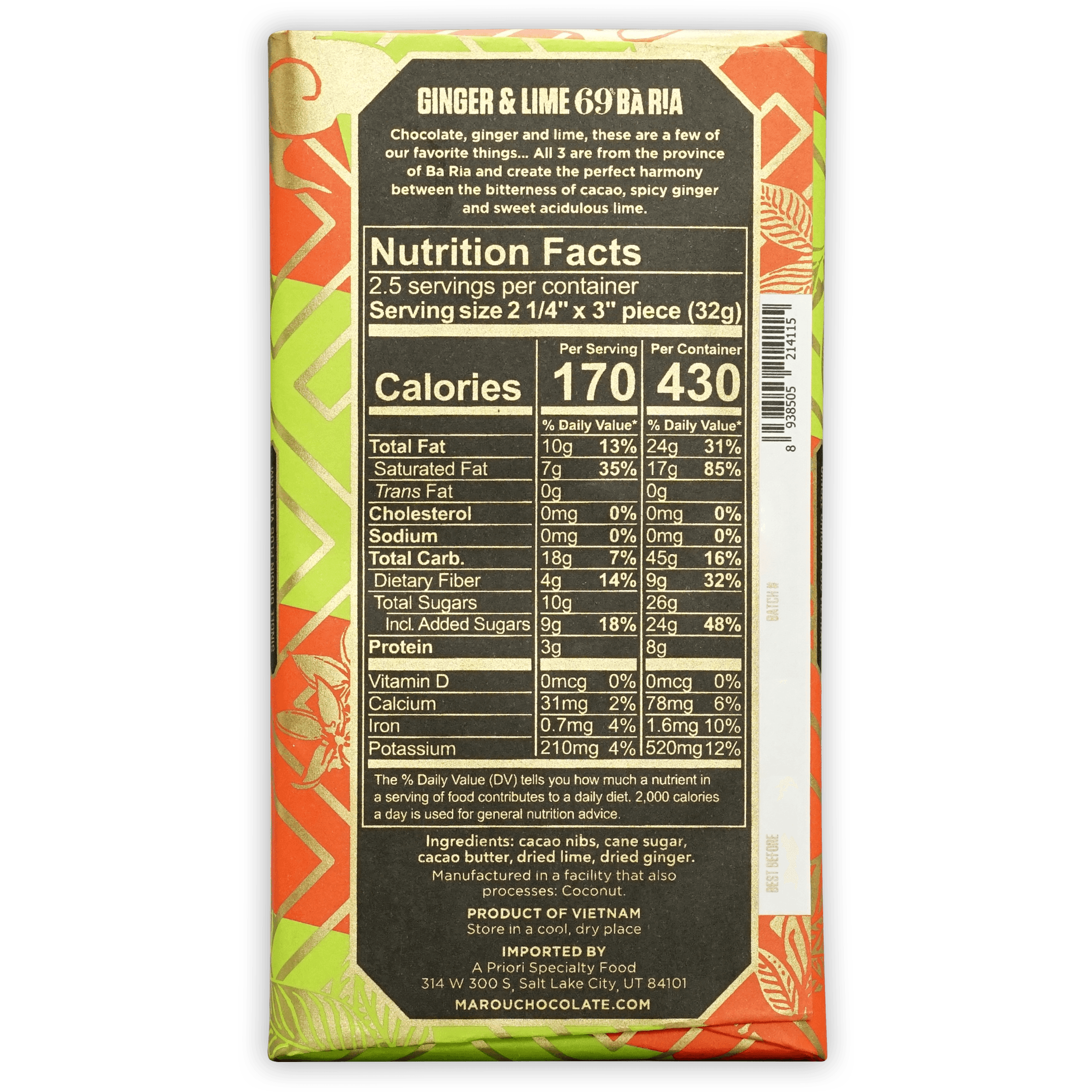 Marou Ba Ria Ginger Lime 69% chocolate bar in vibrant foil wrap