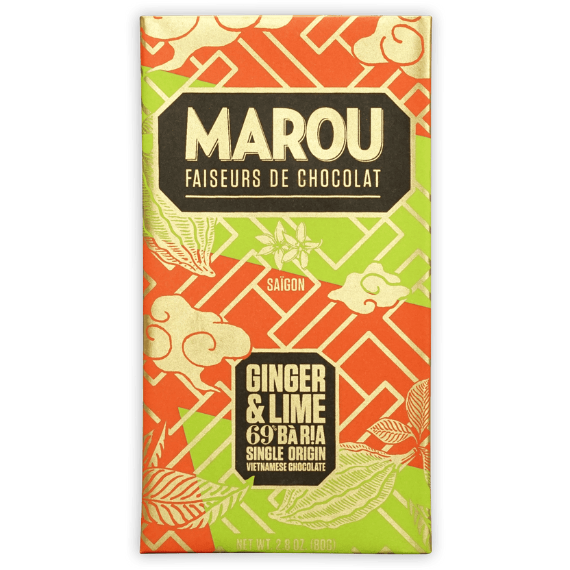 Marou Ba Ria Ginger Lime 69% chocolate bar with vibrant packaging
