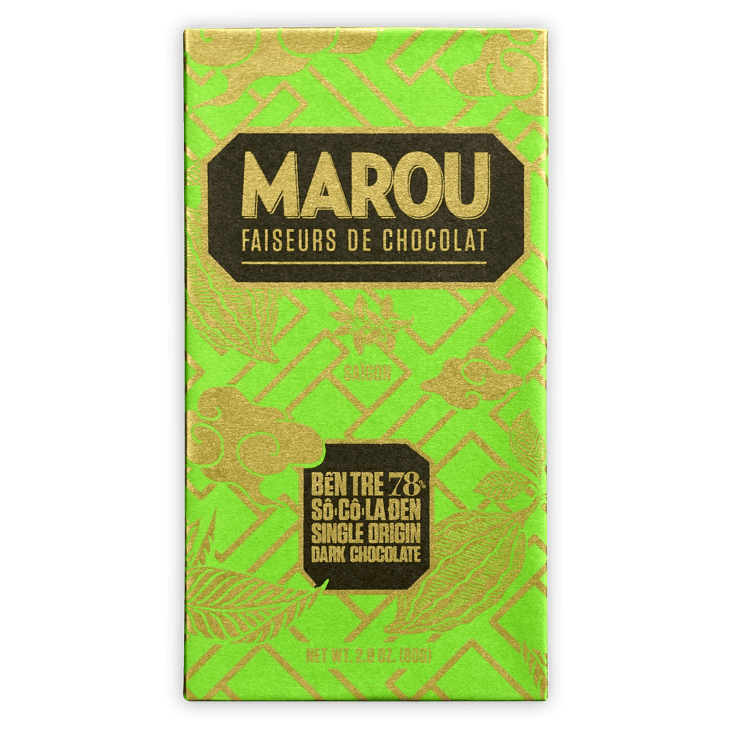 Marou Ben Tre 78% dark chocolate bar in vibrant green gold foil with leaf motifs