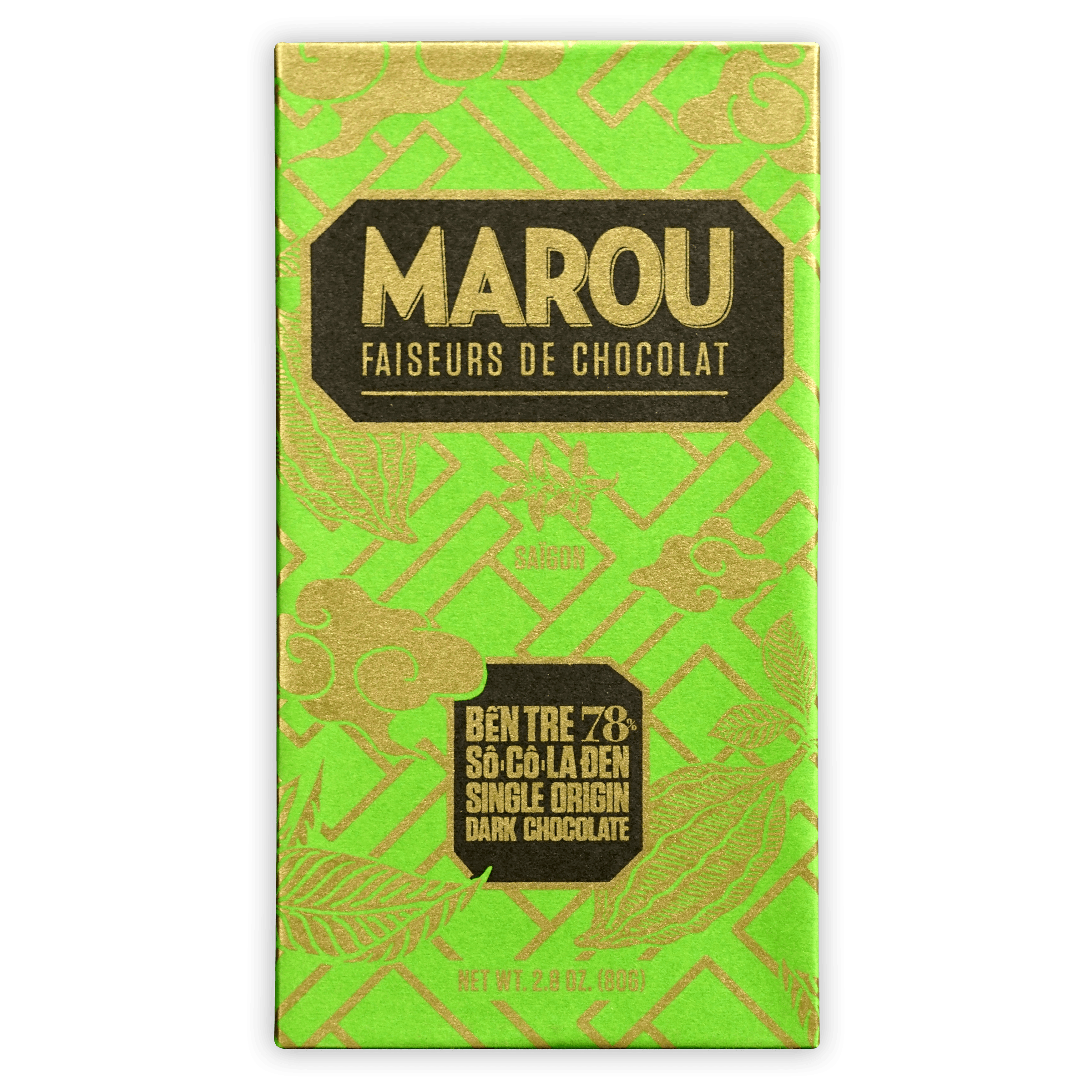 Marou Ben Tre 78% dark chocolate bar in vibrant green gold foil with leaf motifs