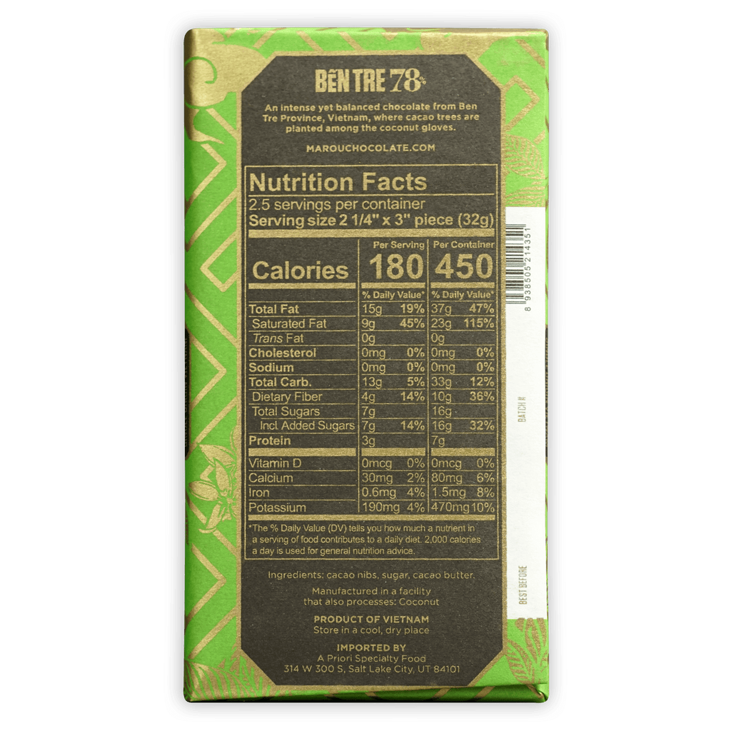 Back of Marou Ben Tre 78% green gold chocolate bar with nutrition info