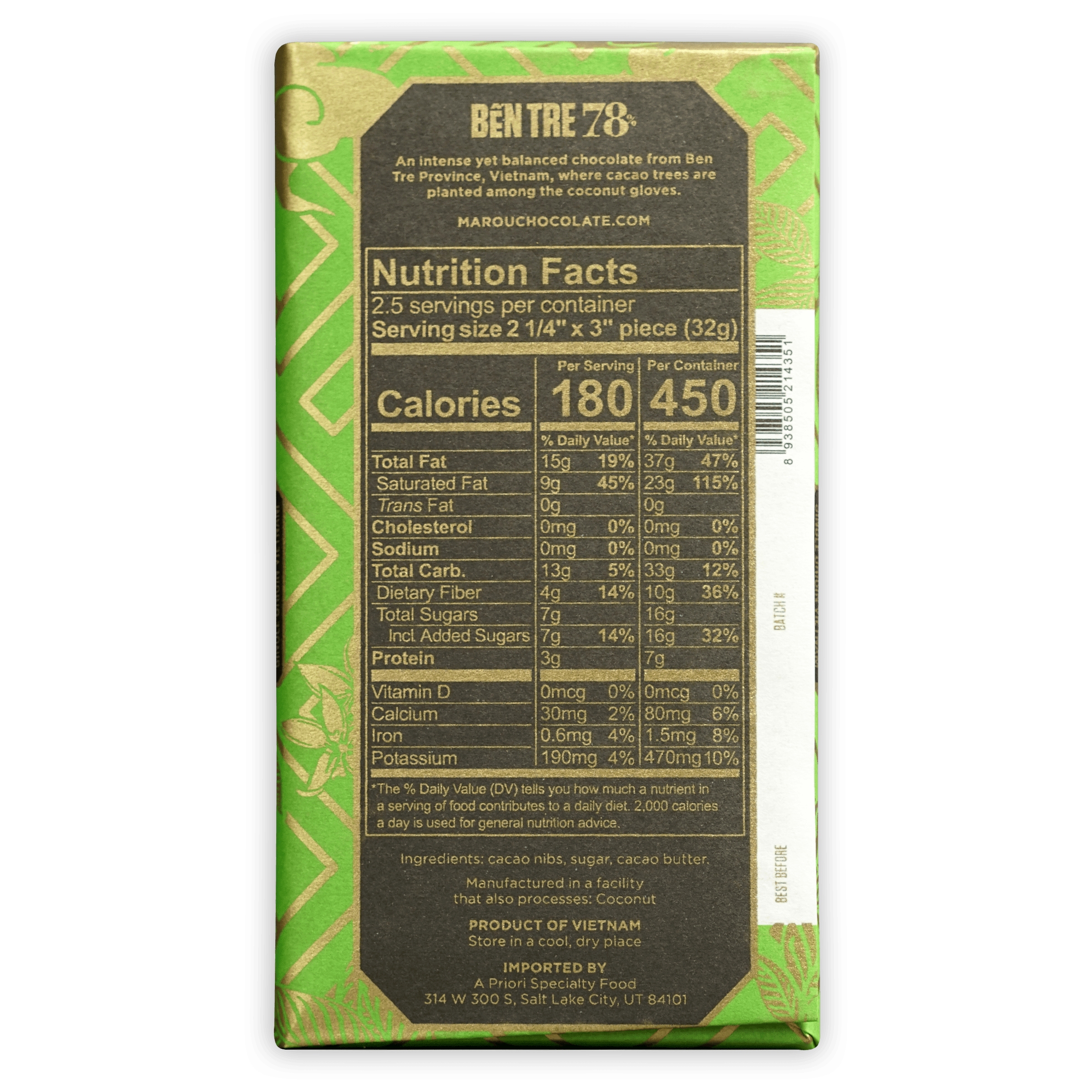 Back of Marou Ben Tre 78% green gold chocolate bar with nutrition info