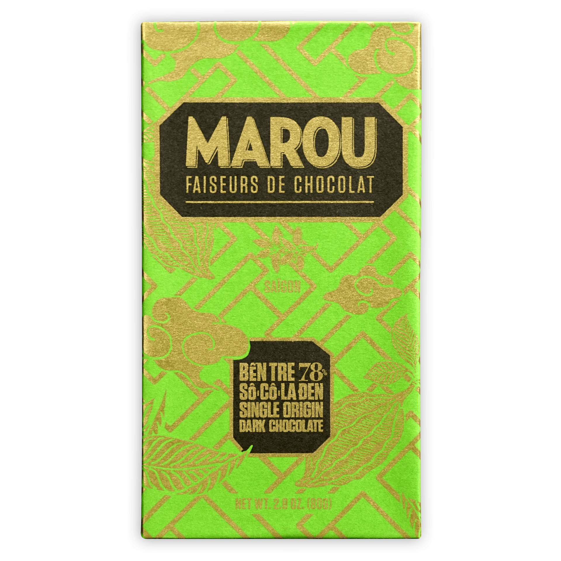 Marou Ben Tre 78% dark chocolate bar in vibrant green gold foil with leaf motifs