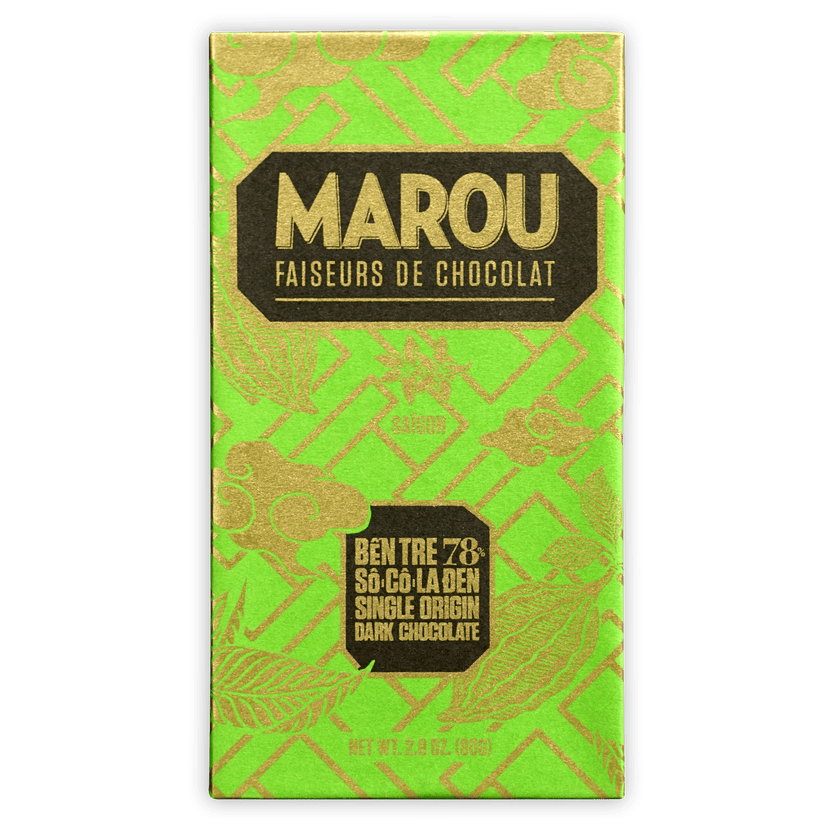 Marou Ben Tre 78% dark chocolate bar in vibrant green gold foil with leaf motifs