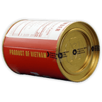Marou Cacao Powder Tin 100% red cylindrical tin with gold lid and Vietnam label