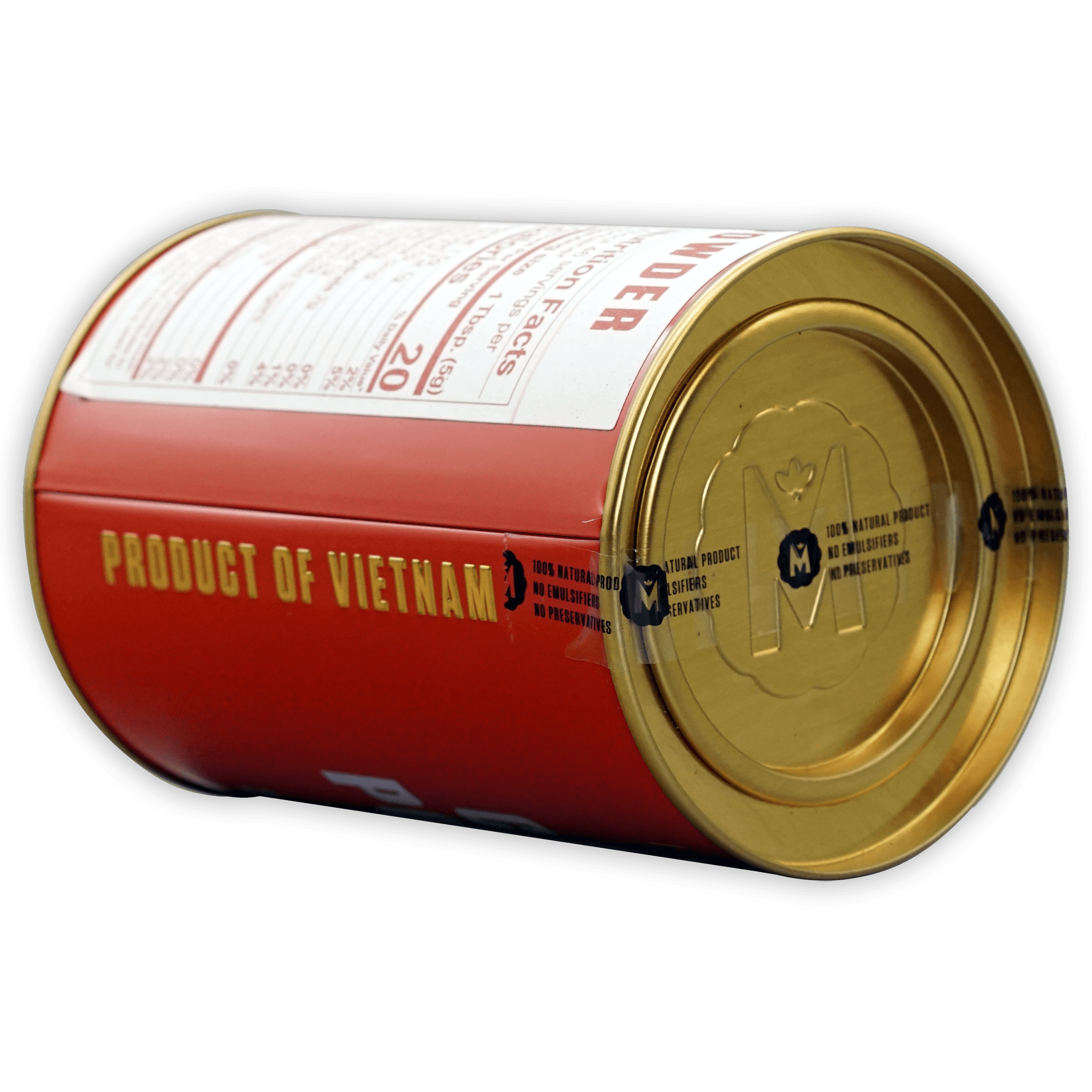 Marou Cacao Powder Tin 100% red cylindrical tin with gold lid and Vietnam label