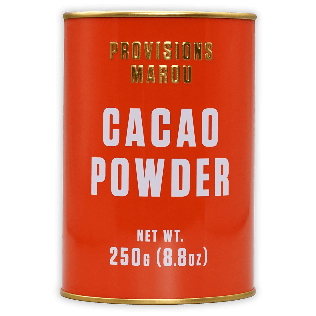 Marou Cacao Powder Tin 100% in vibrant red cylindrical tin with gold accents