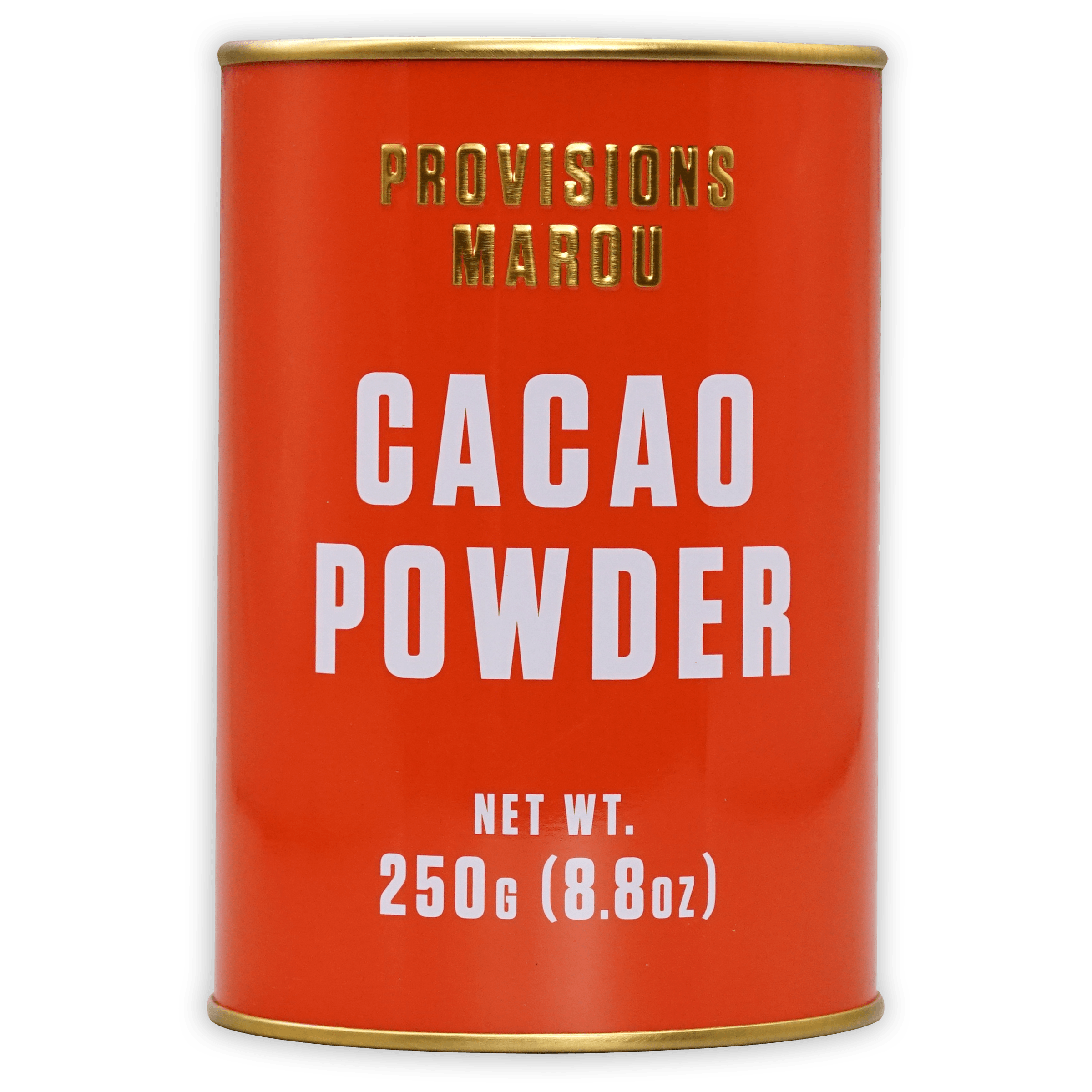 Marou Cacao Powder Tin 100% in vibrant red cylindrical tin with gold accents