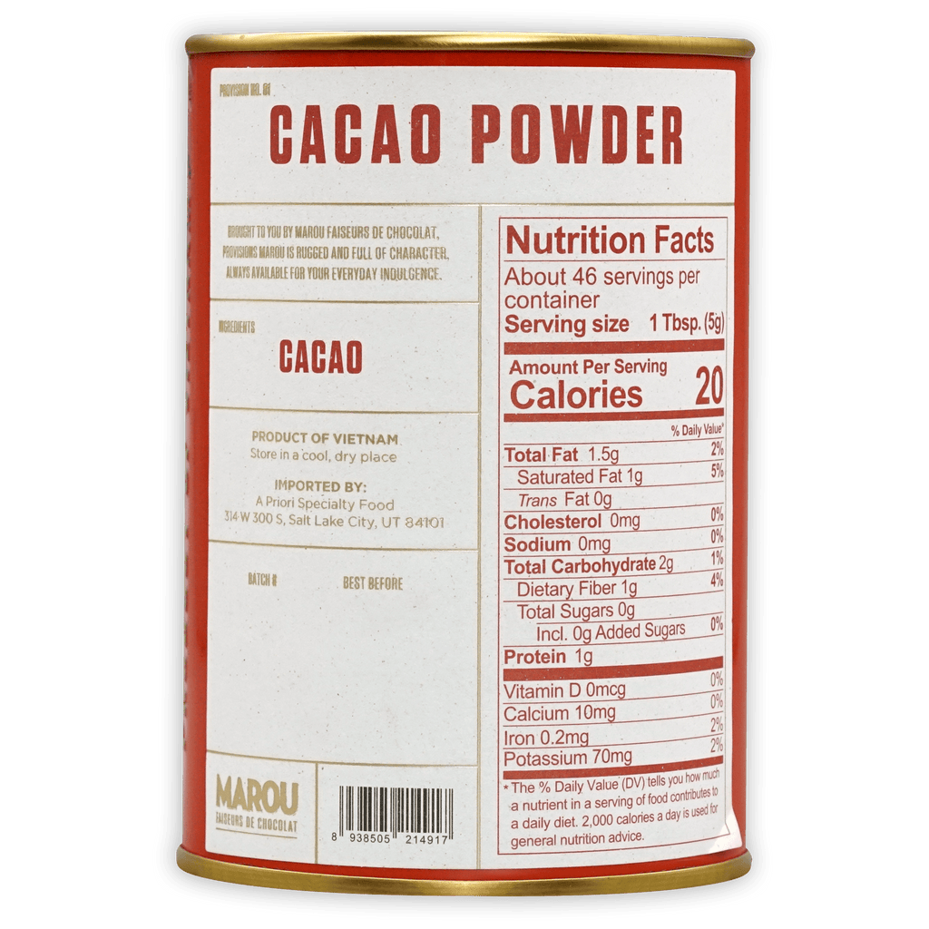 Red and white Marou cacao powder tin with gold rims, 100% pure