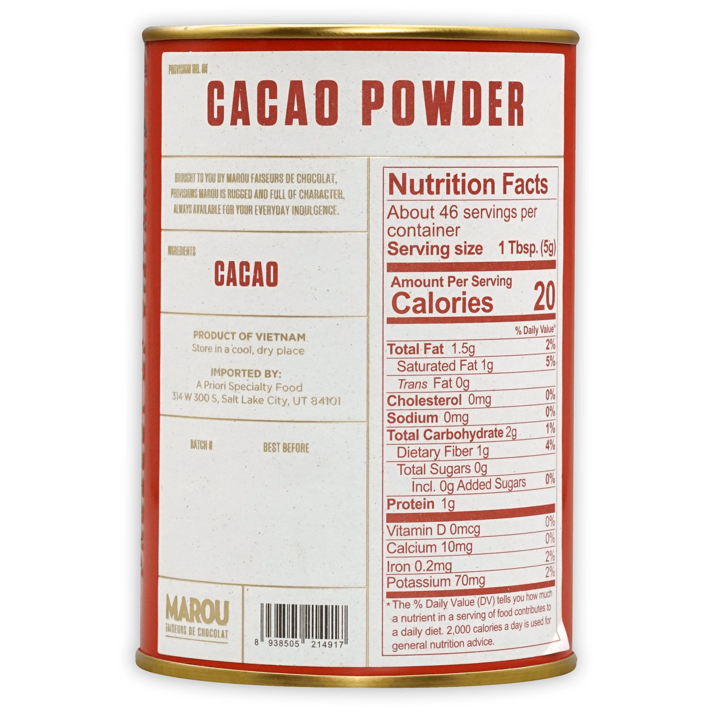Red and white Marou cacao powder tin with gold rims, 100% pure
