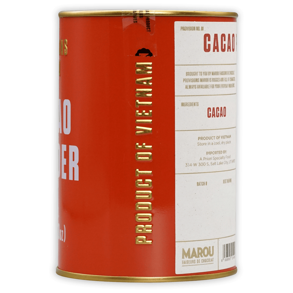 Marou Cacao Powder Tin 100% red cylindrical tin from Vietnam