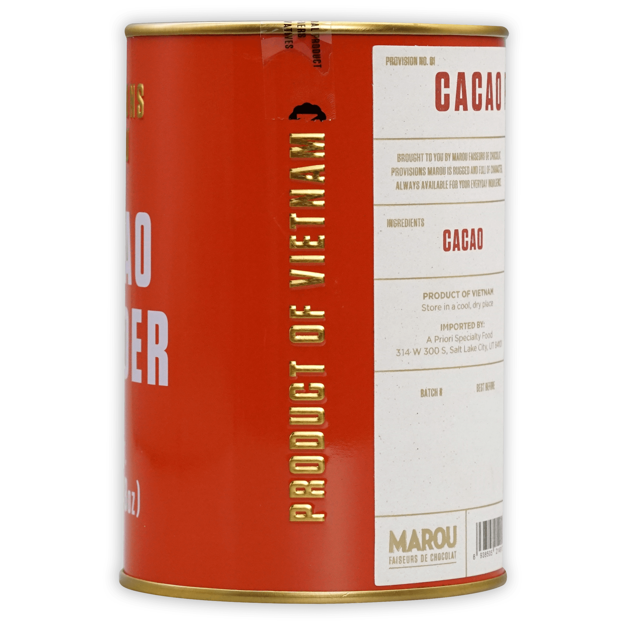 Marou Cacao Powder Tin 100% red cylindrical tin from Vietnam