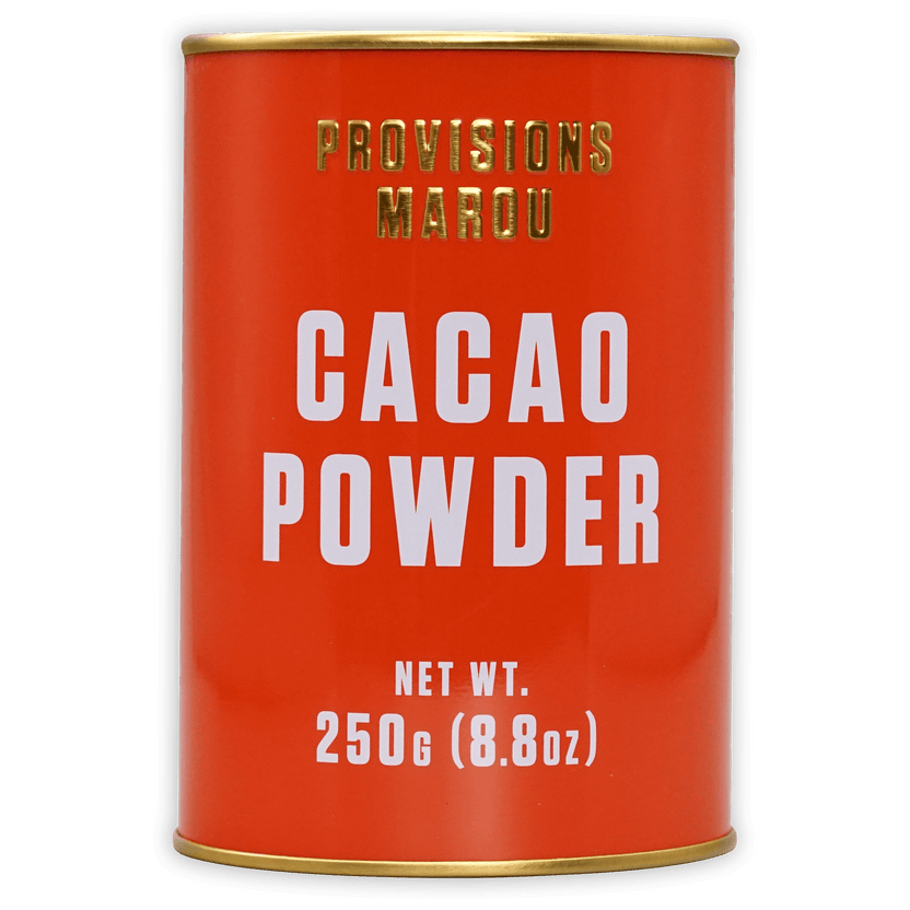Marou Cacao Powder Tin 100% in vibrant red cylindrical tin with gold accents