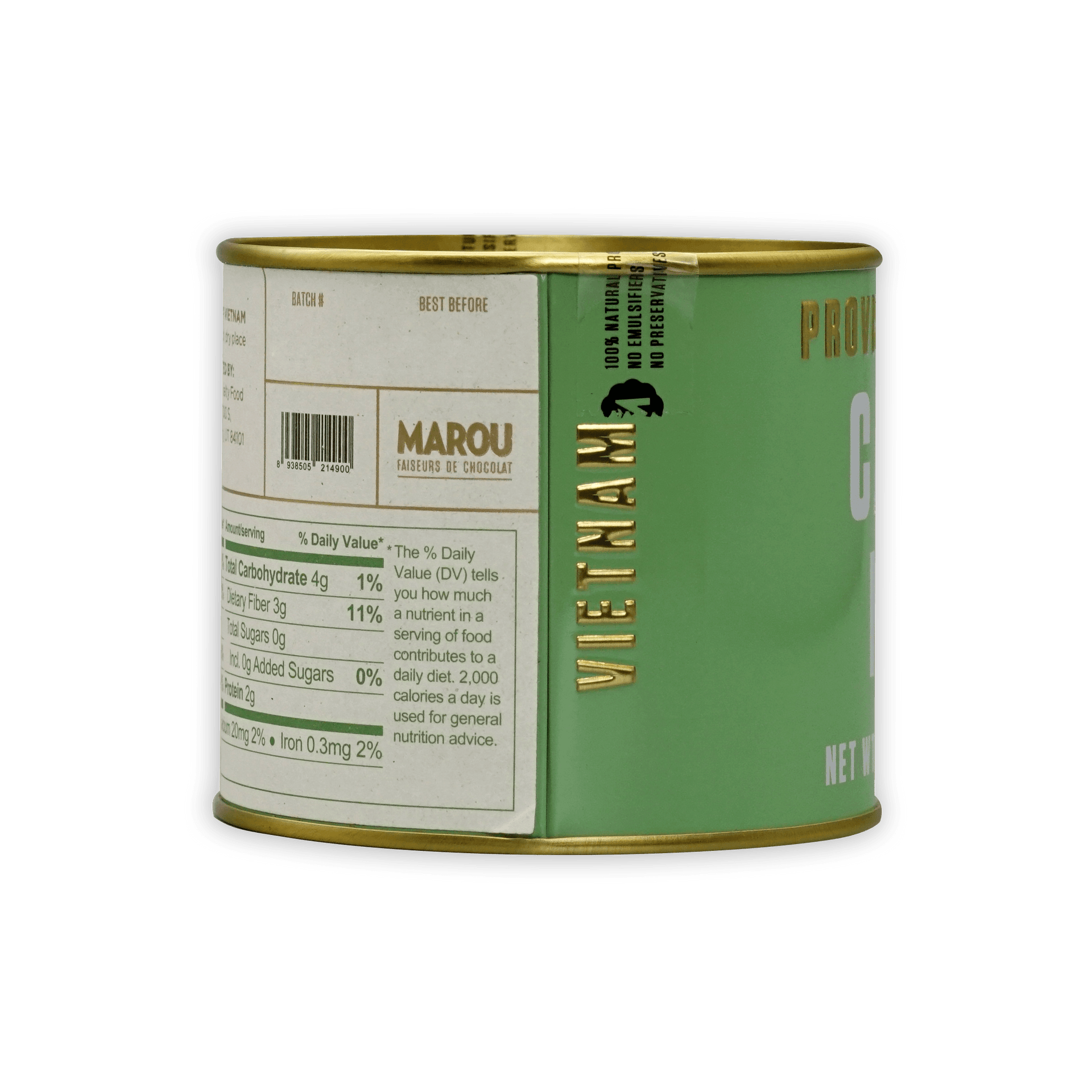 Marou Cocoa Nibs Tin: mint green cylindrical chocolate tin with gold accents