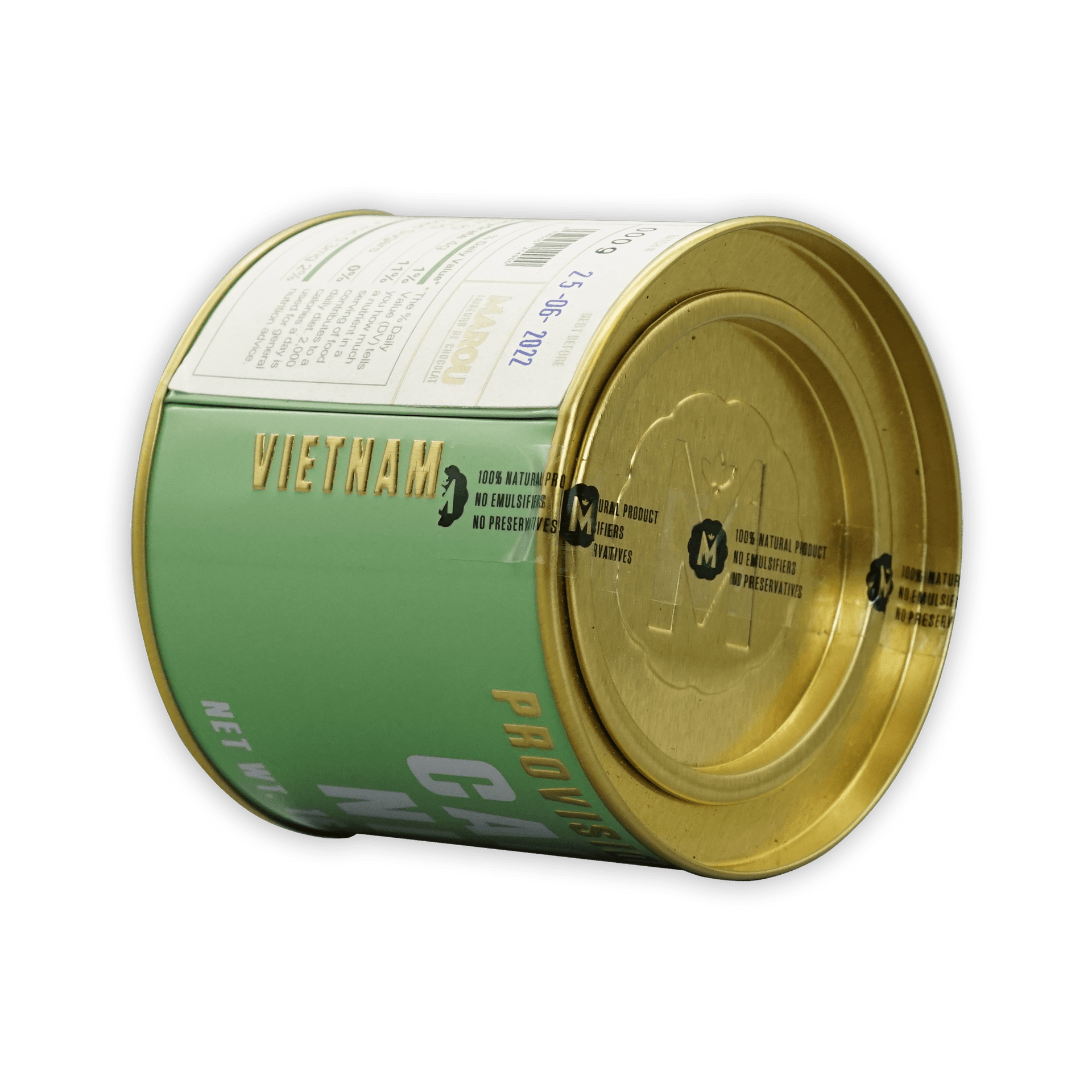 Marou Cocoa Nibs Tin: green cylindrical tin with gold lid and embossed branding