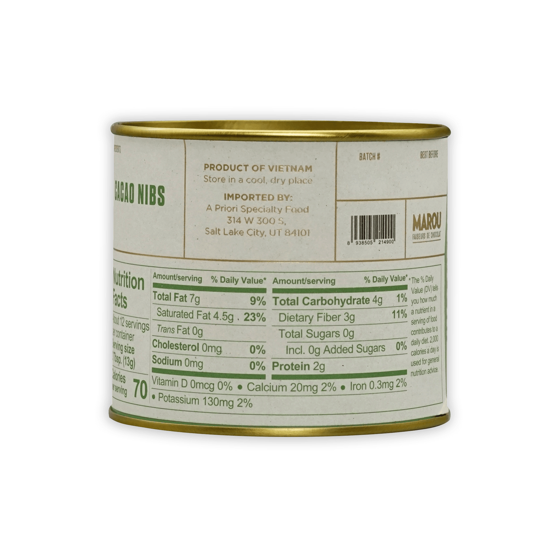 Marou Cocoa Nibs Tin with gold lid and green label