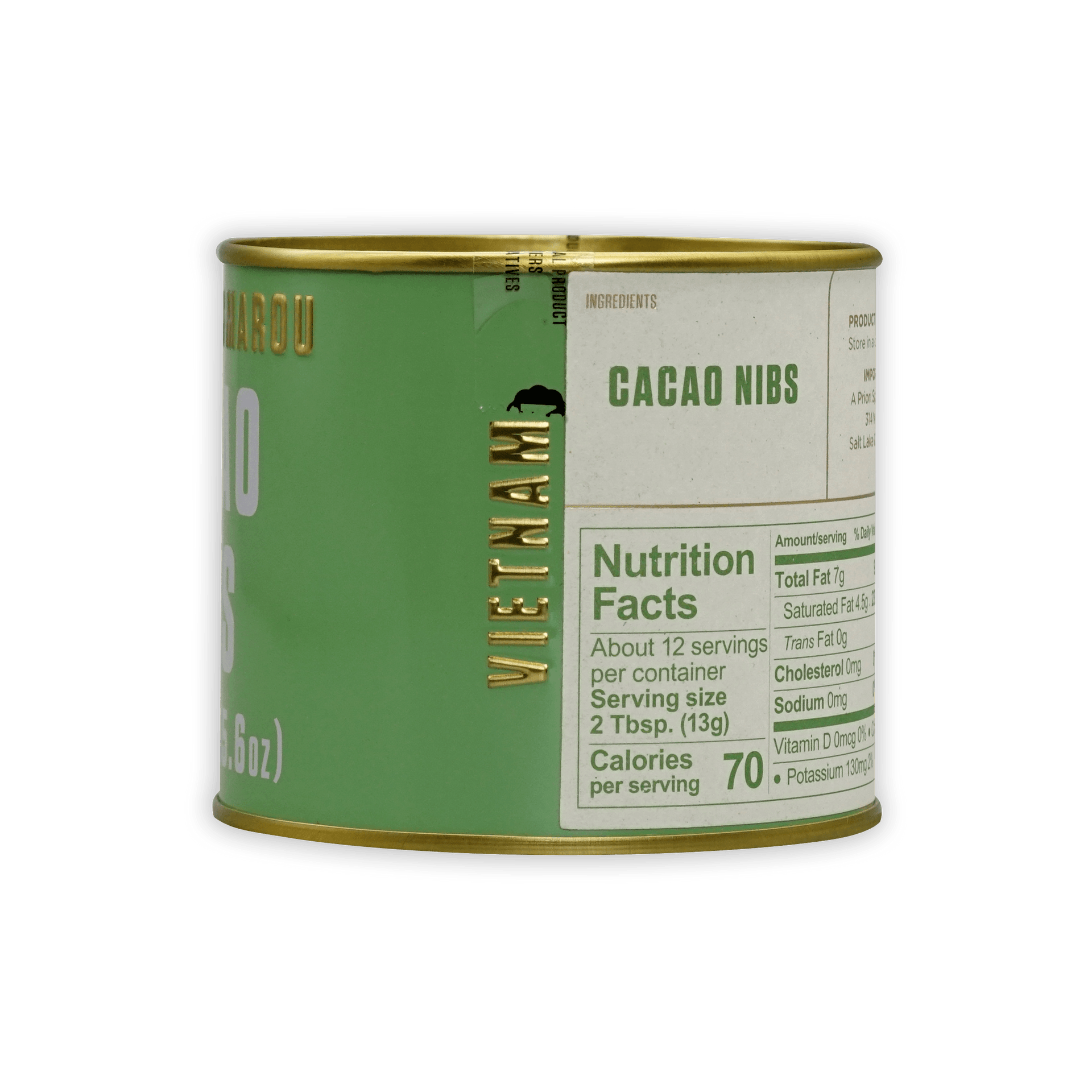 Marou Cocoa Nibs Tin: green can with gold rim, Vietnamese cacao nibs