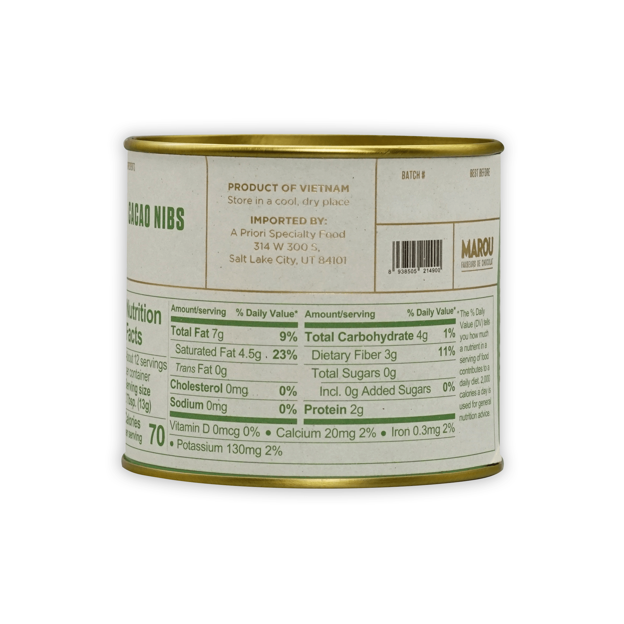 Marou Cocoa Nibs Tin with gold lid and green label