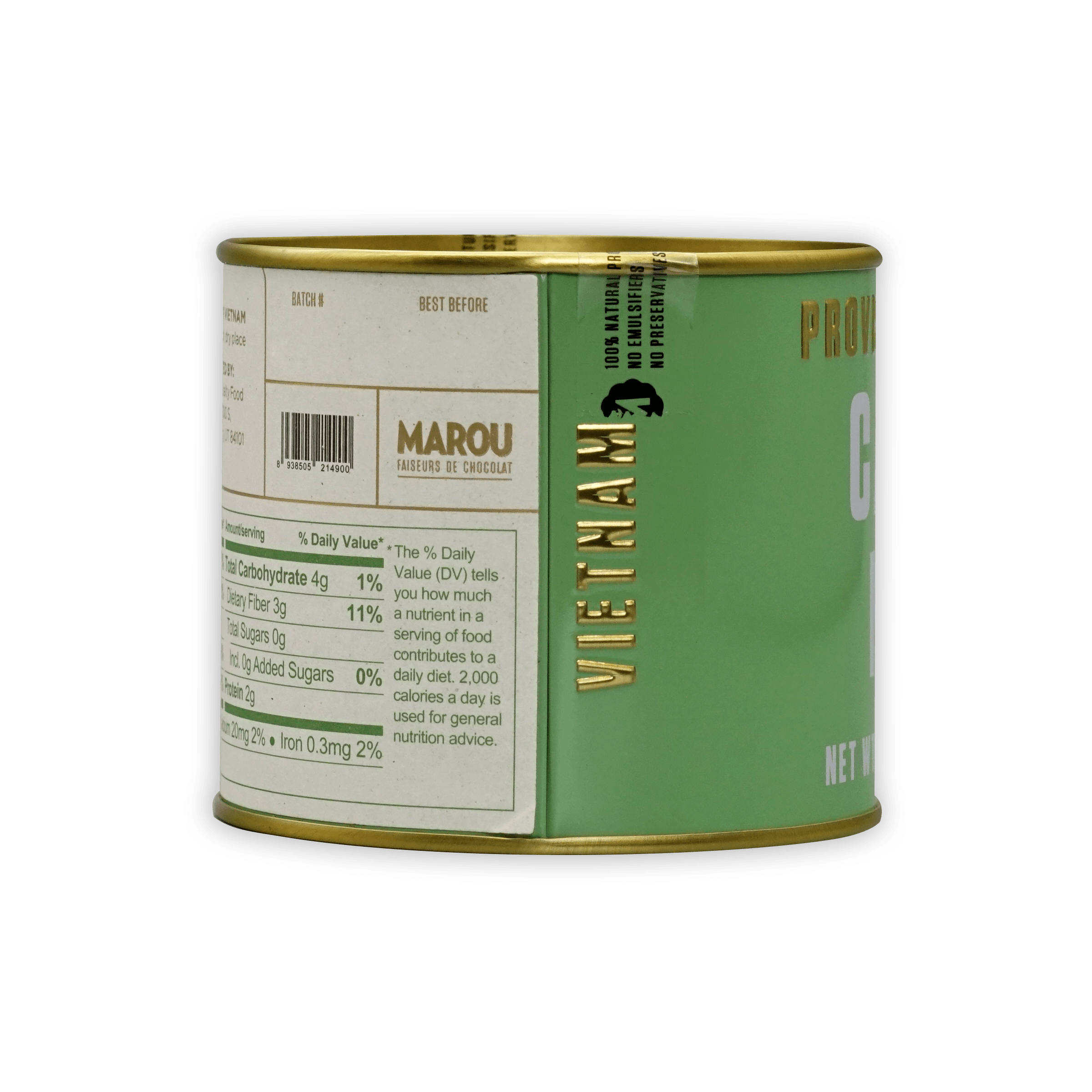 Marou Cocoa Nibs Tin: mint green cylindrical chocolate tin with gold accents