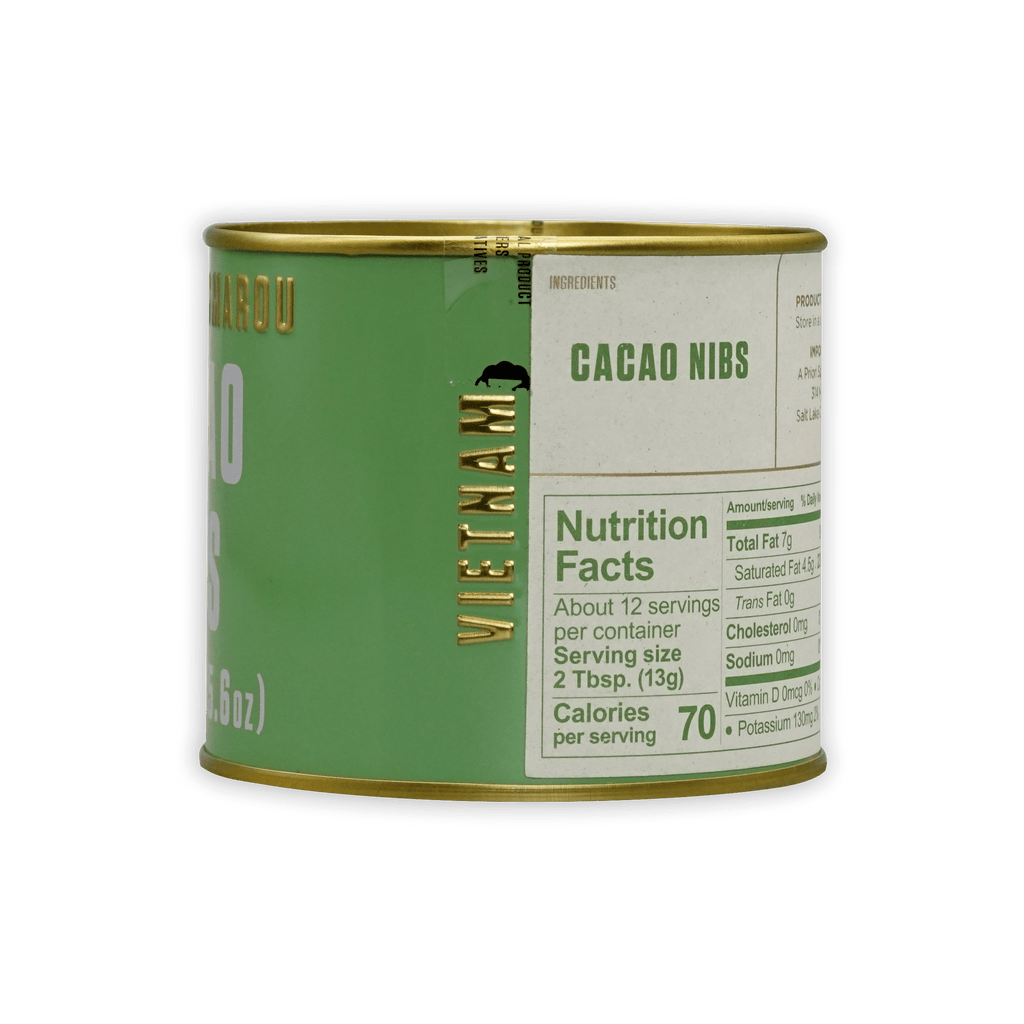 Marou Cocoa Nibs Tin: green can with gold rim, Vietnamese cacao nibs