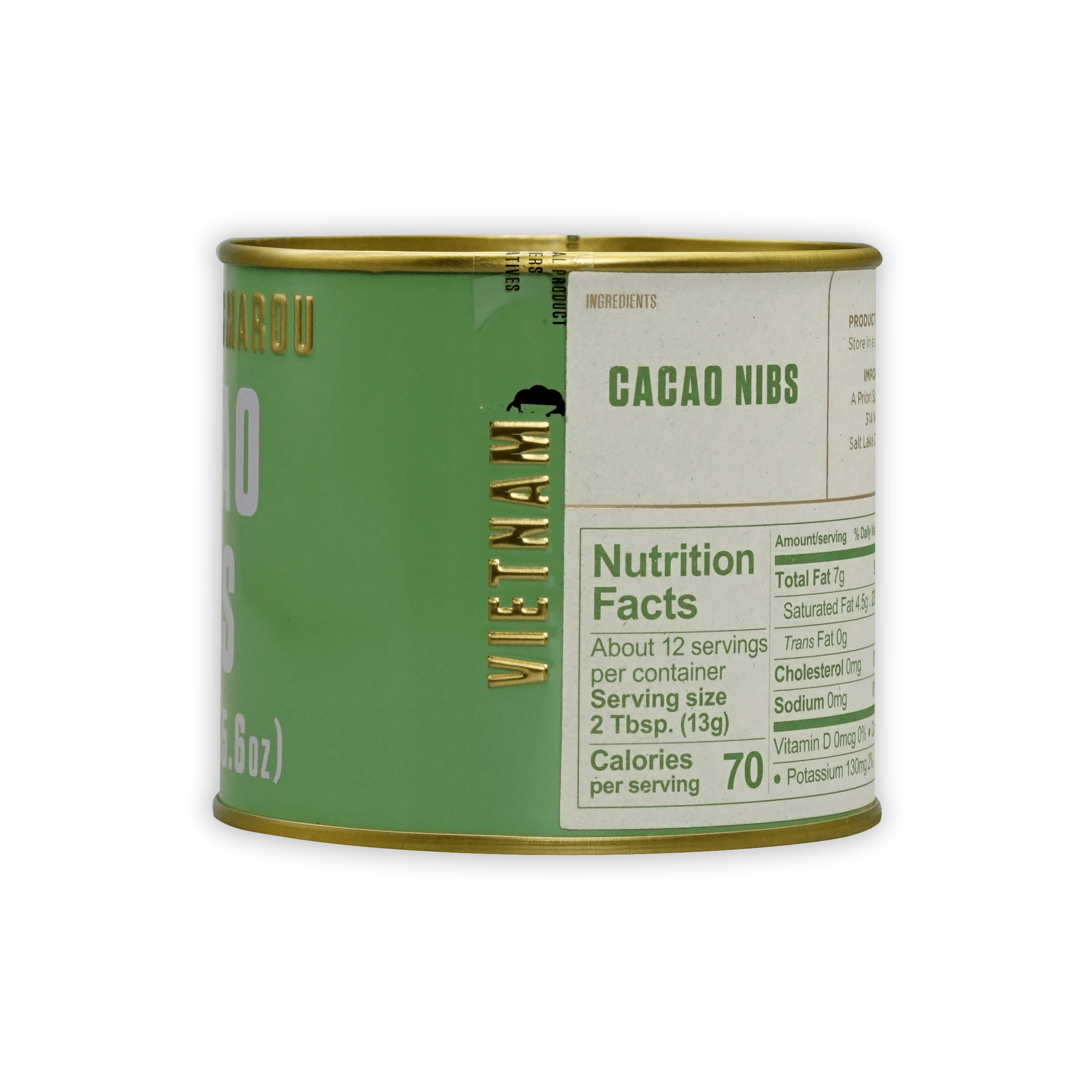 Marou Cocoa Nibs Tin: green can with gold rim, Vietnamese cacao nibs