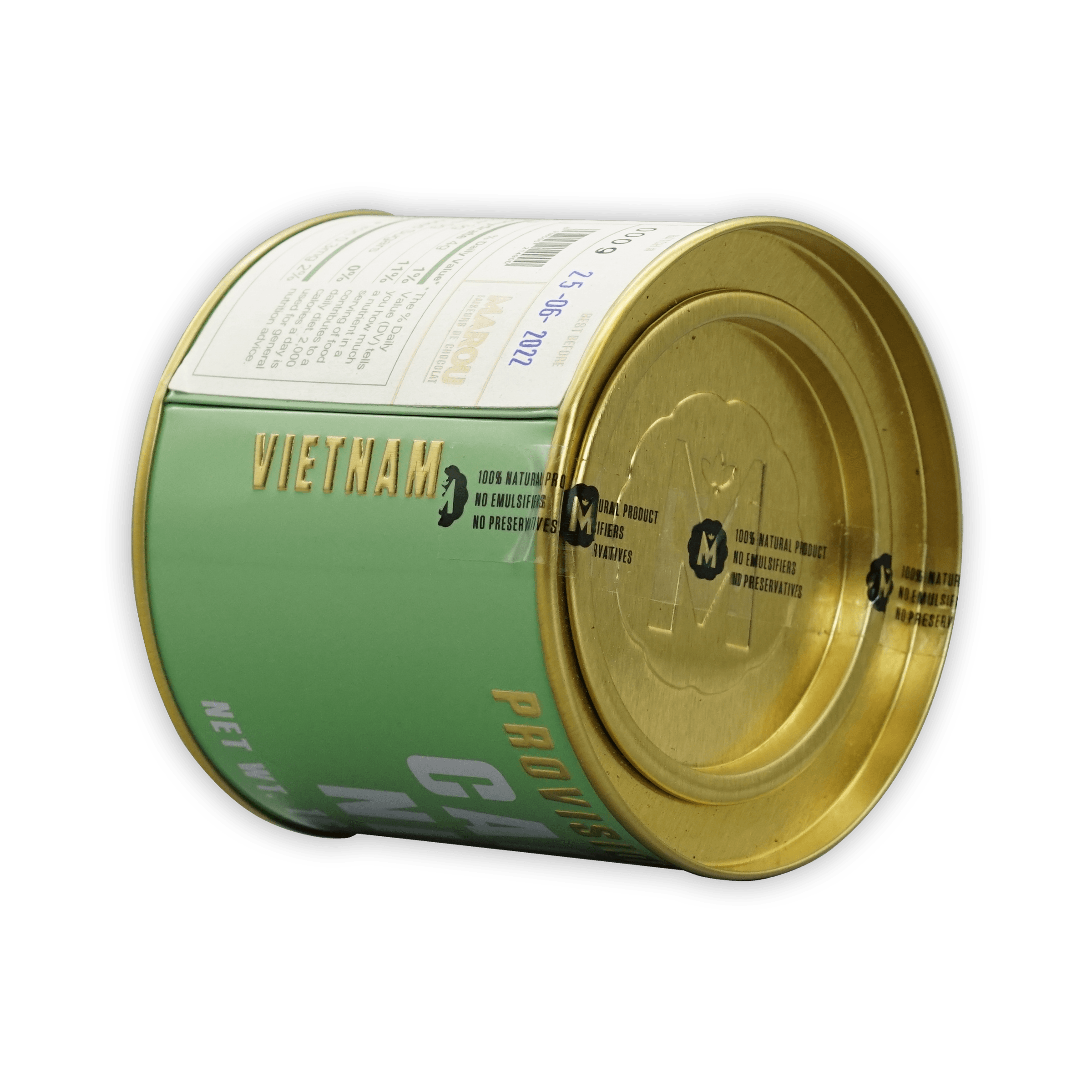 Marou Cocoa Nibs Tin: green cylindrical tin with gold lid and embossed branding