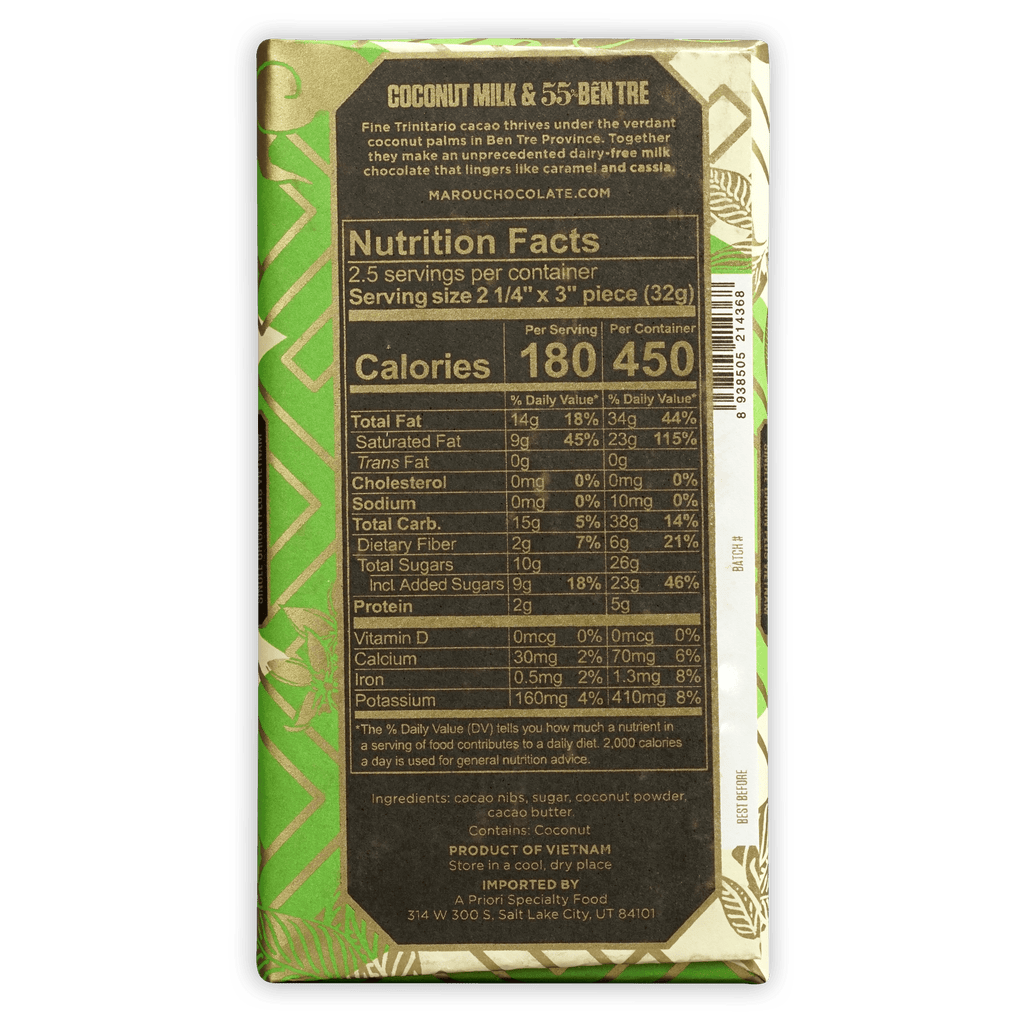 Marou Coconut Milk Ben Tre 55% green gold chocolate bar