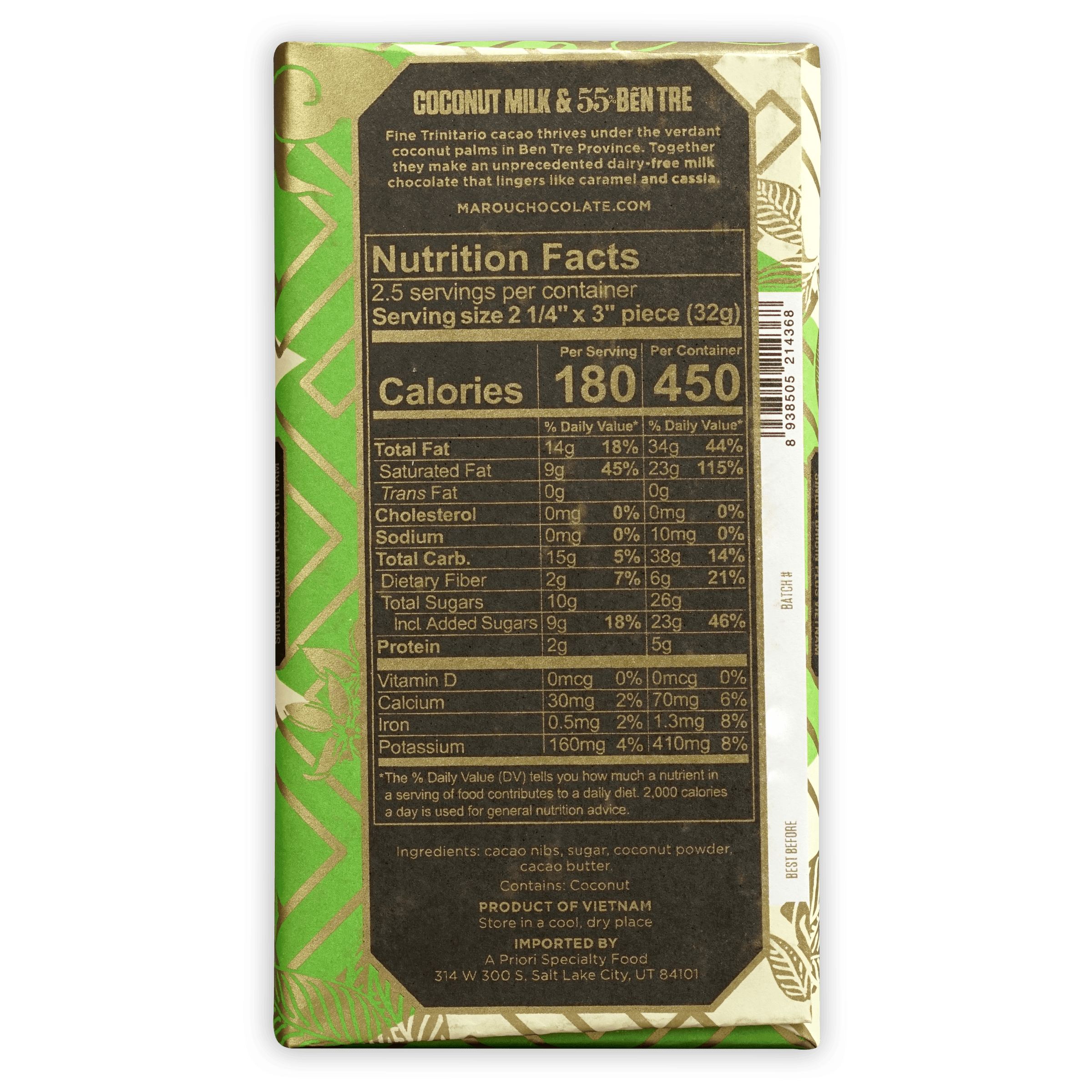 Marou Coconut Milk Ben Tre 55% green gold chocolate bar
