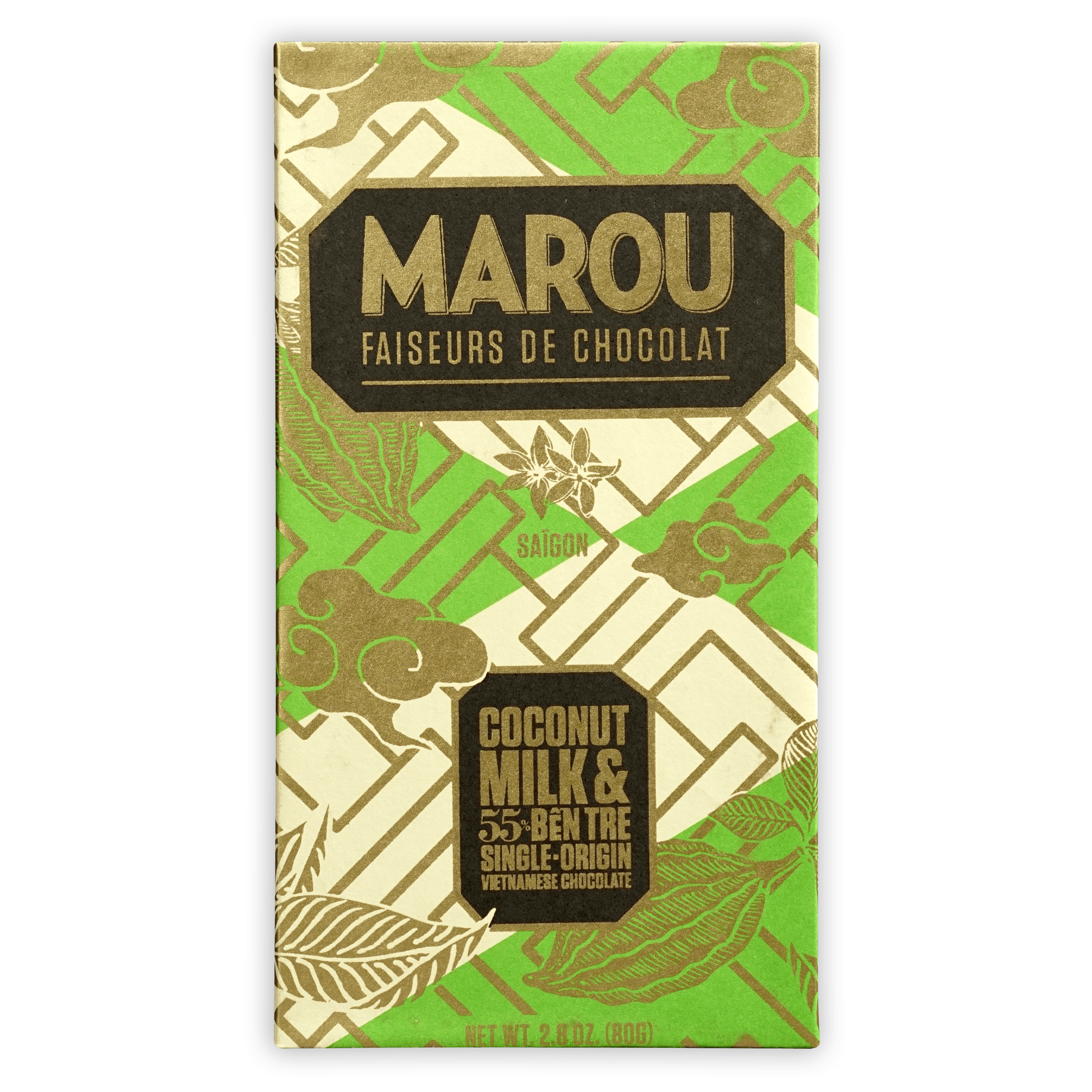 Marou Coconut Milk Ben Tre 55% green gold chocolate bar