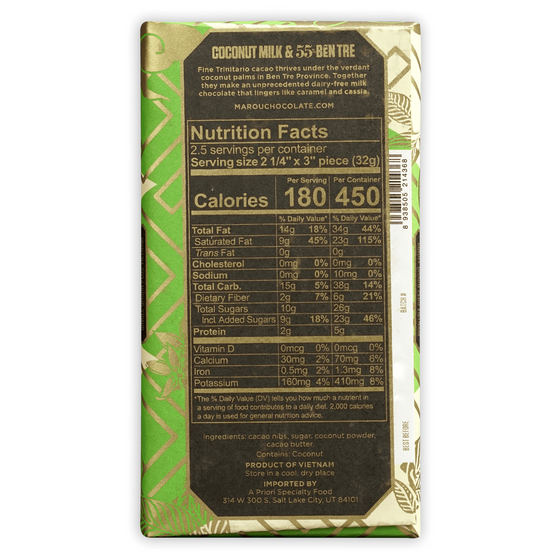 Marou Coconut Milk Ben Tre 55% green gold chocolate bar