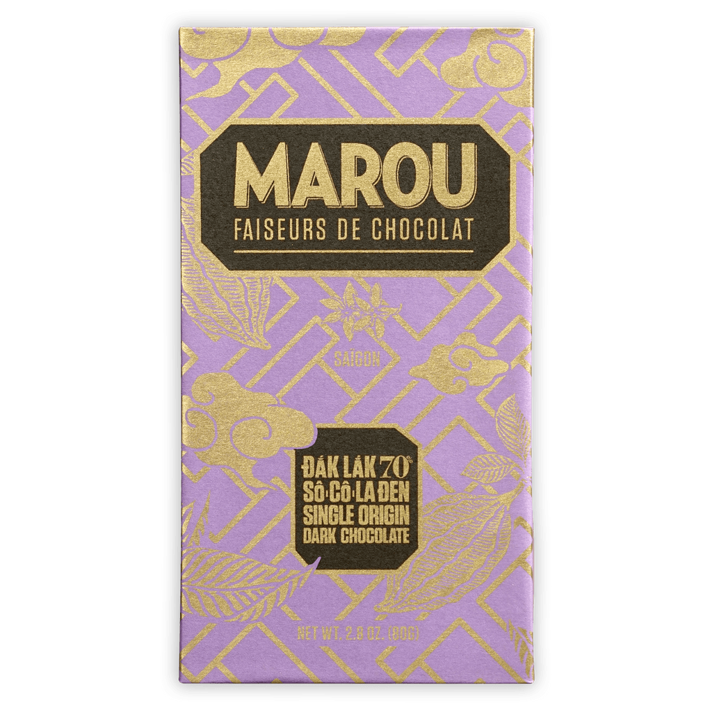Marou Dak Lak 70% single origin dark chocolate bar in purple gold foil