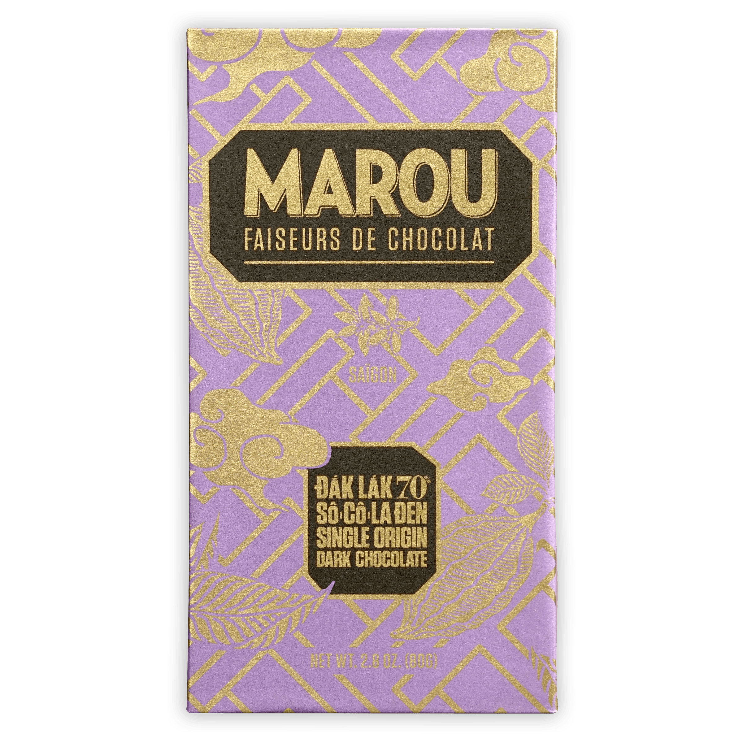 Marou Dak Lak 70% single origin dark chocolate bar in purple gold foil