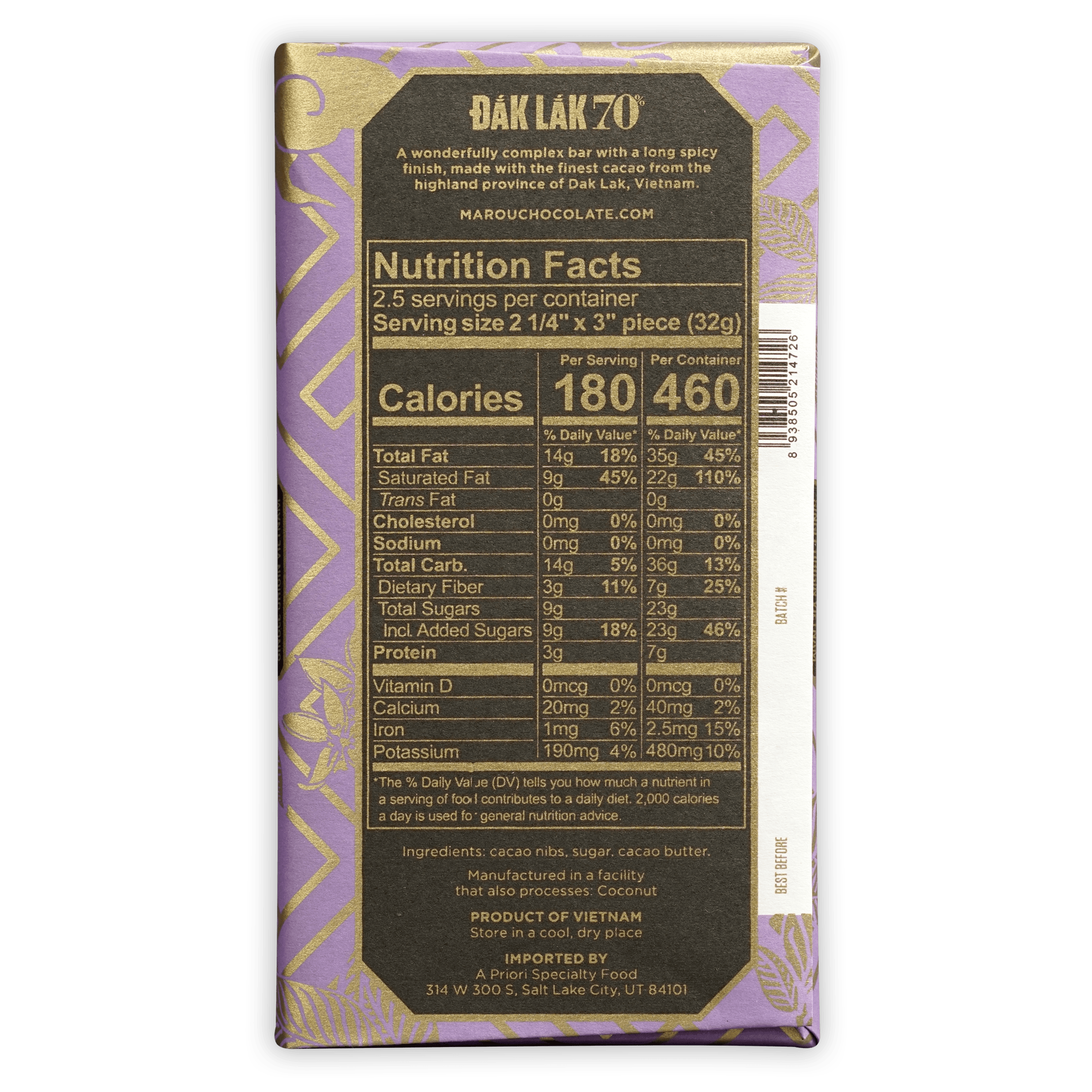 Marou Dak Lak 70% dark chocolate bar in purple and gold wrapper