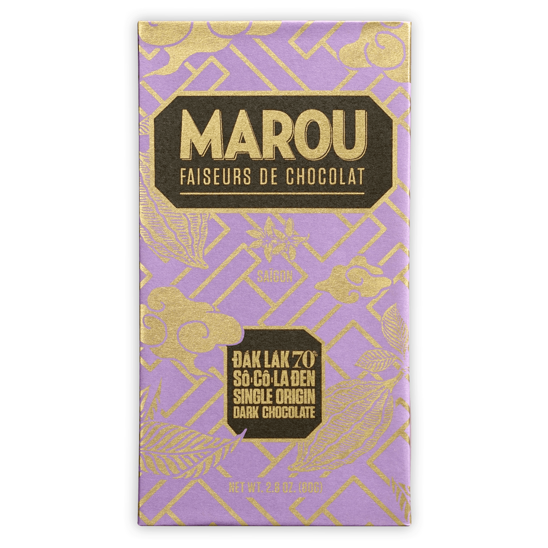 Marou Dak Lak 70% single origin dark chocolate bar in purple gold foil