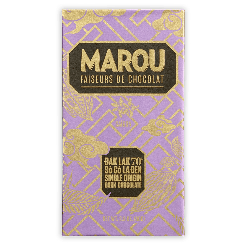 Marou Dak Lak 70% single origin dark chocolate bar in purple gold foil