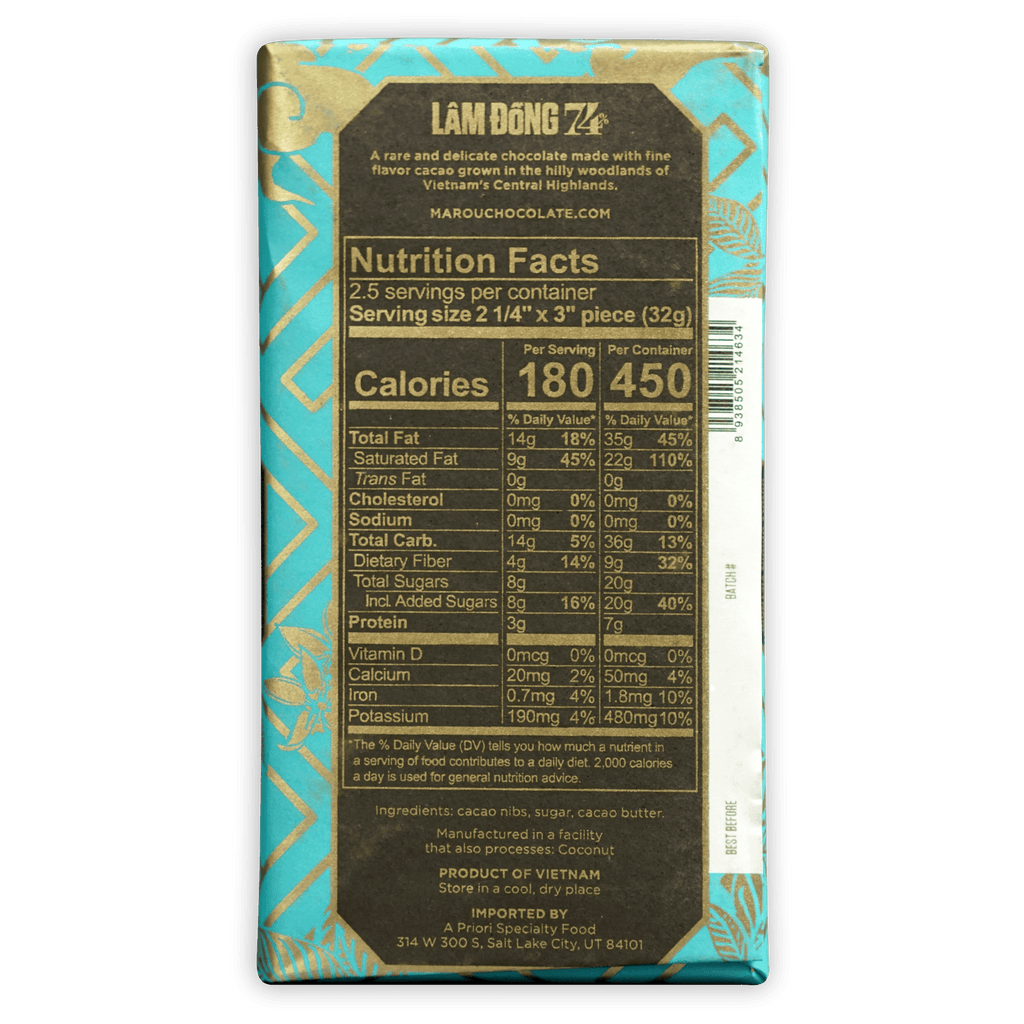 Marou Lam Dong 74% chocolate bar in turquoise gold foil wrapper