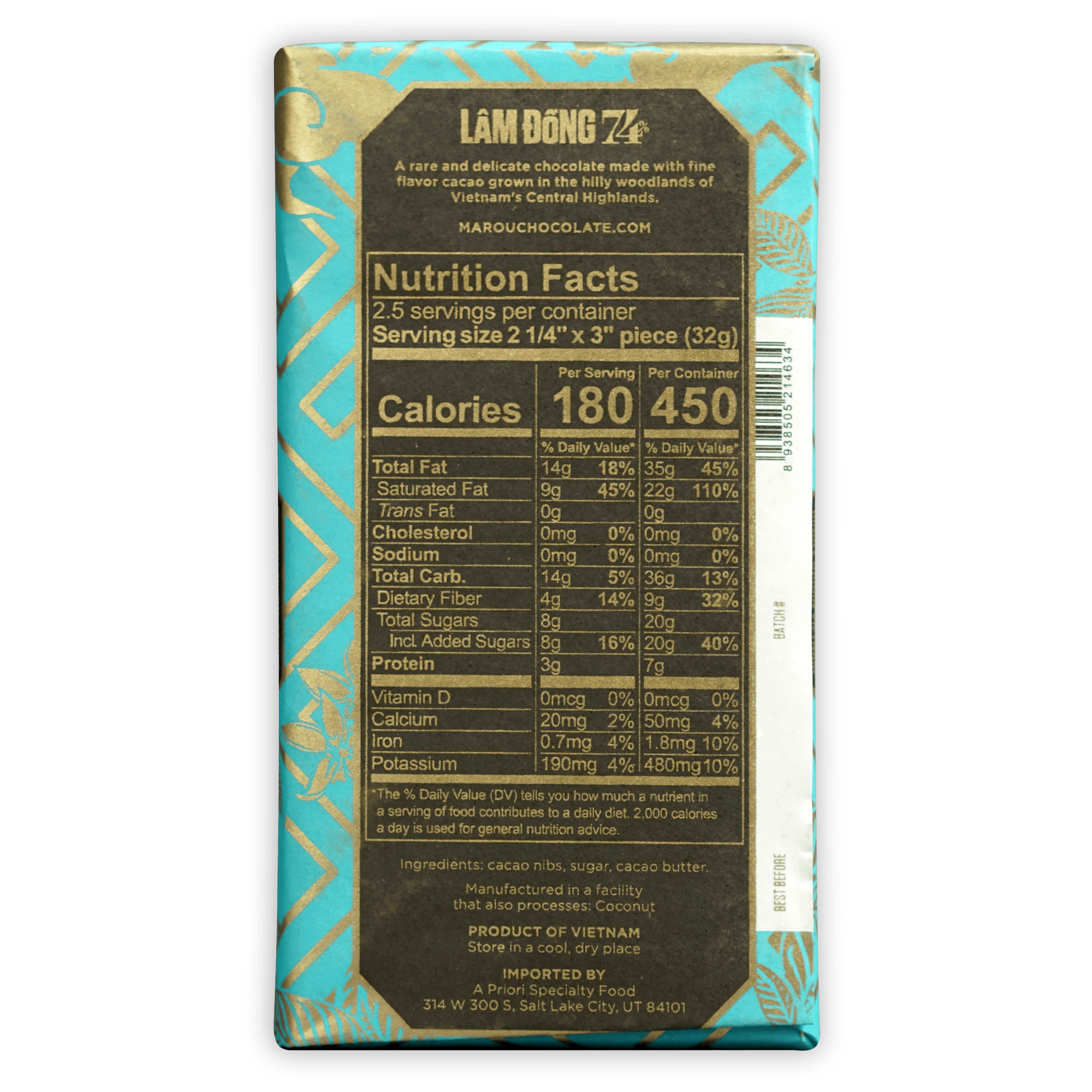 Marou Lam Dong 74% chocolate bar in turquoise gold foil wrapper